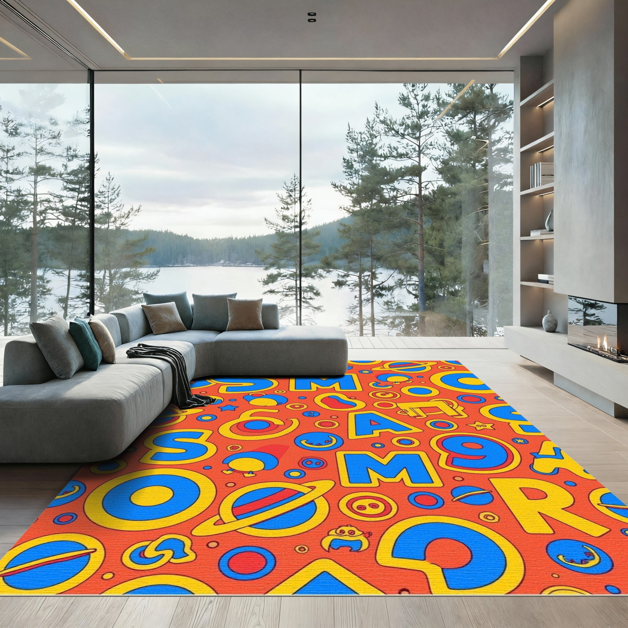 Bright Orange Retro Alphabet Space Rug