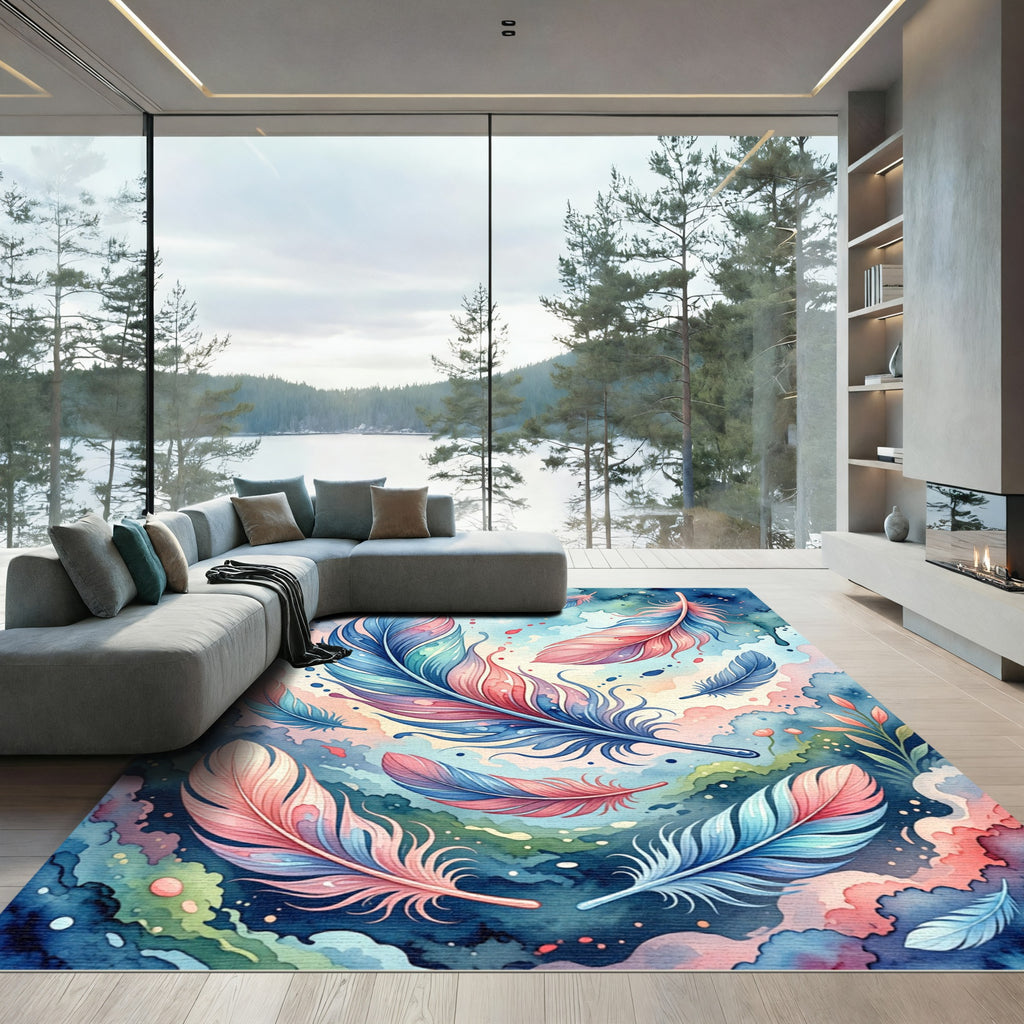 Ethereal Floating Watercolor Pastel Feather Composition Rug