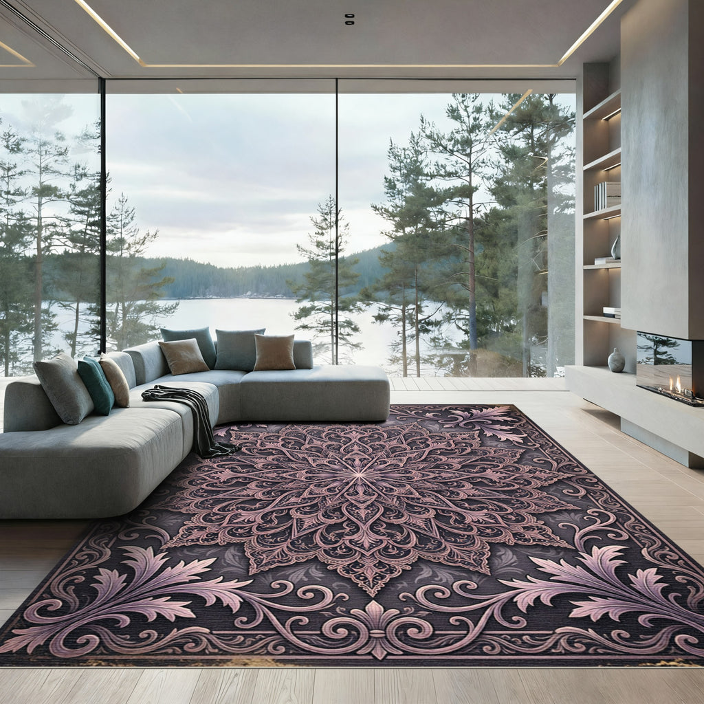Dusty Rose Ornate Filigree Mandala Rug