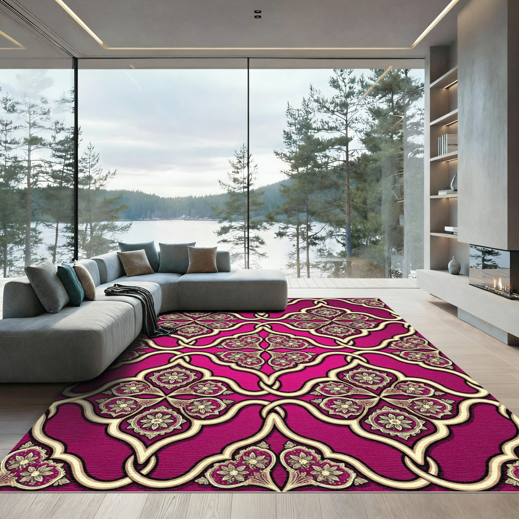 Magenta Ornate Flourish Damask Interlace Rug