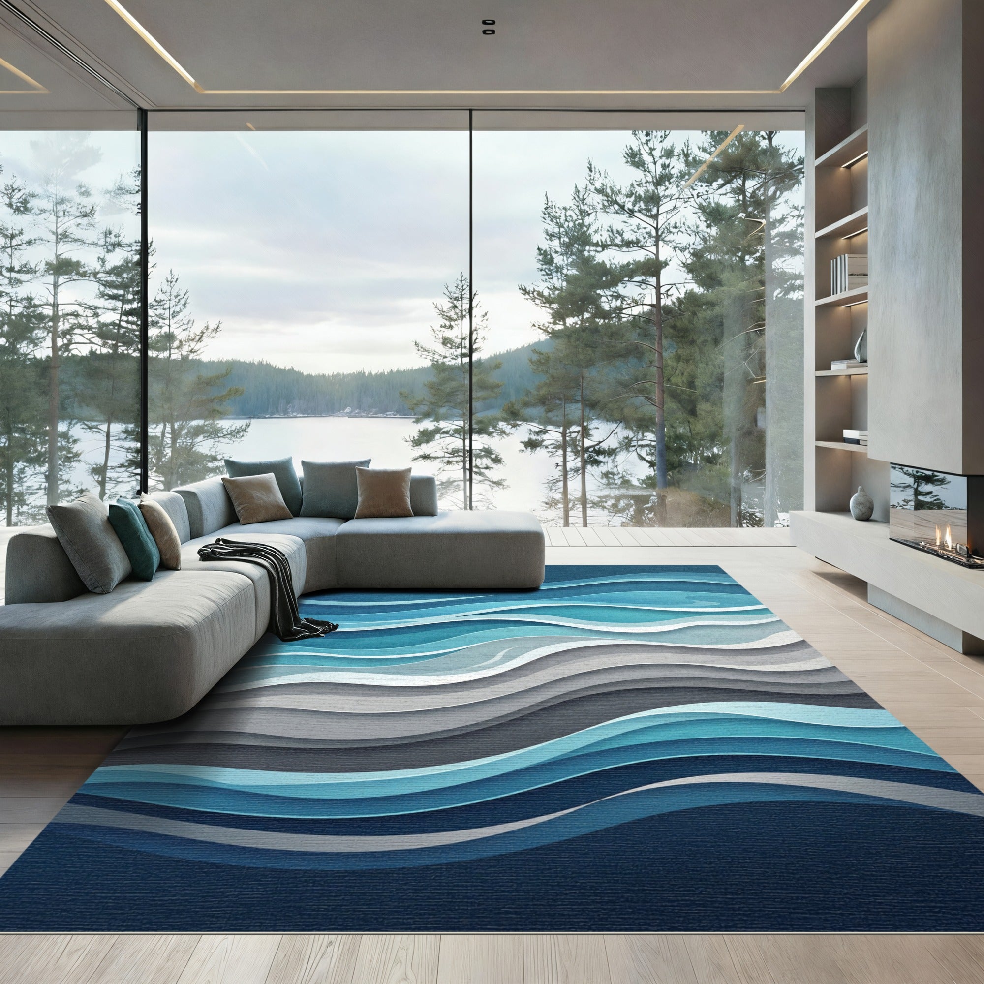 Abstract Navy and Gray Fluid Wave Rug