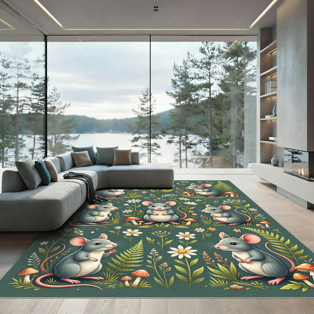 Whimsical Forest Mouse Daisy Garden Rug