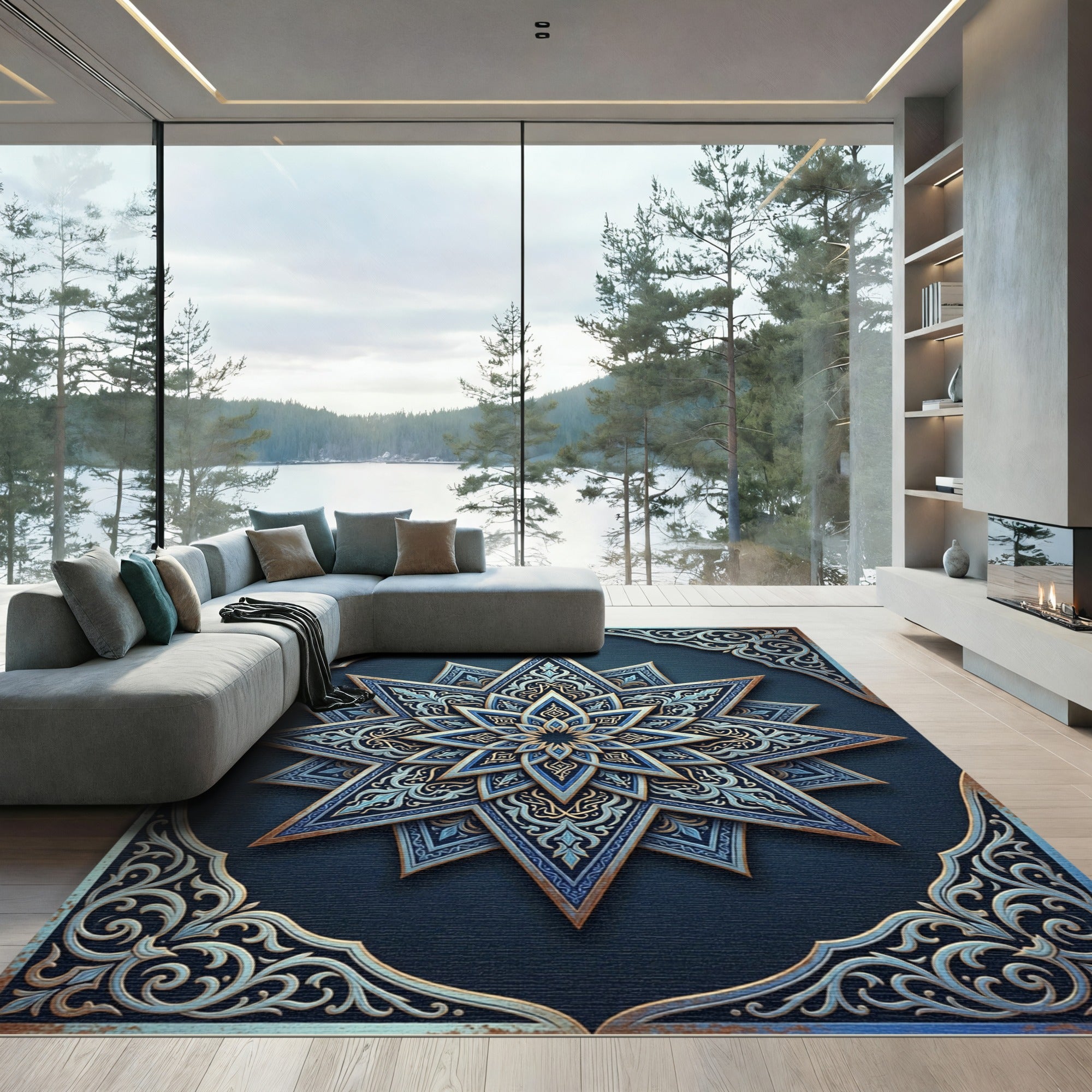 Midnight Blue Celestial Star Medallion Rug