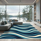 Modern Navy and Teal Abstract Waves Rug