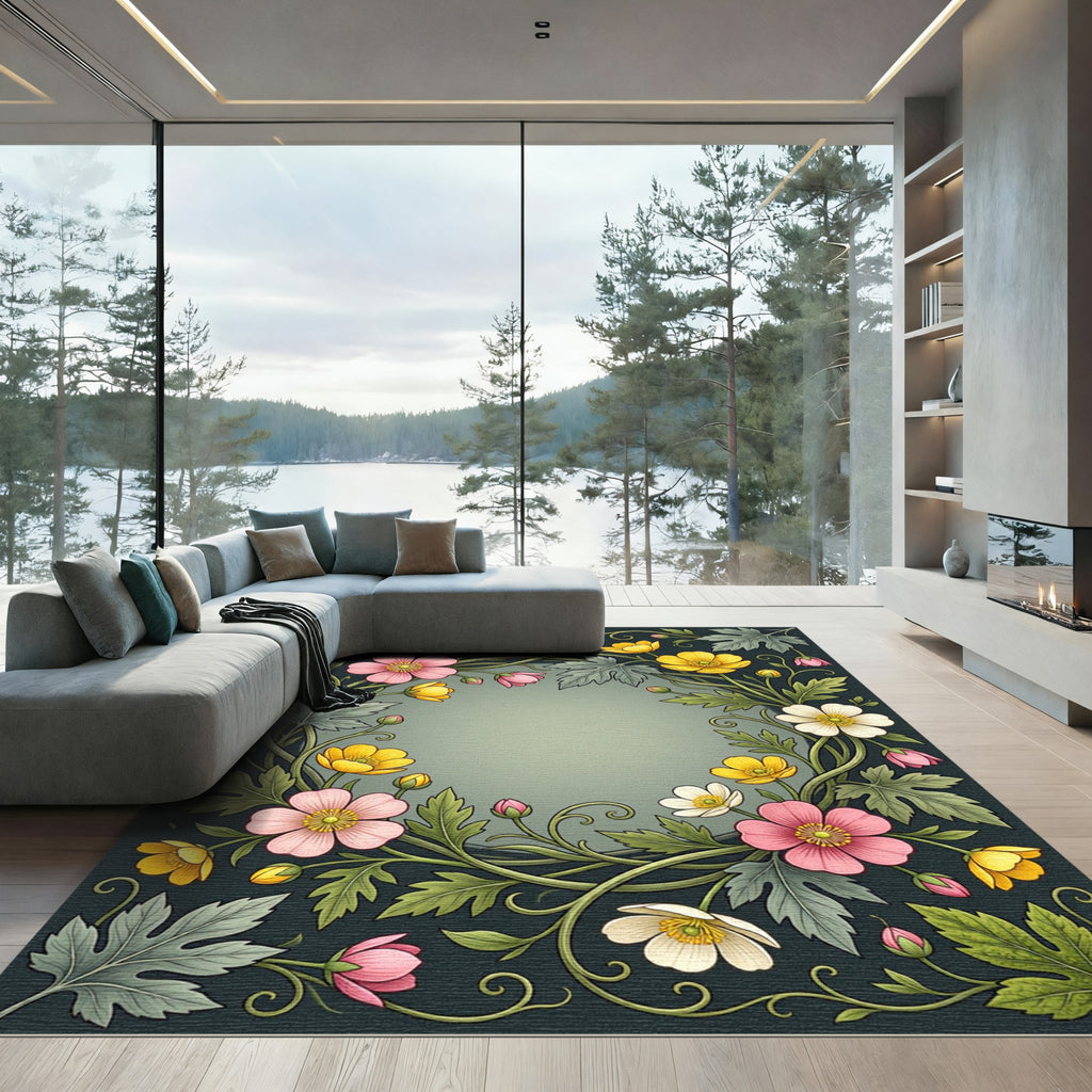 Pink Yellow White Floral Vine Rug