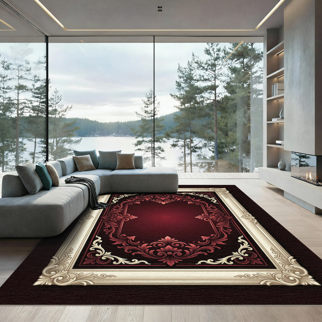 Crimson Red Ornate Floral Border Rug