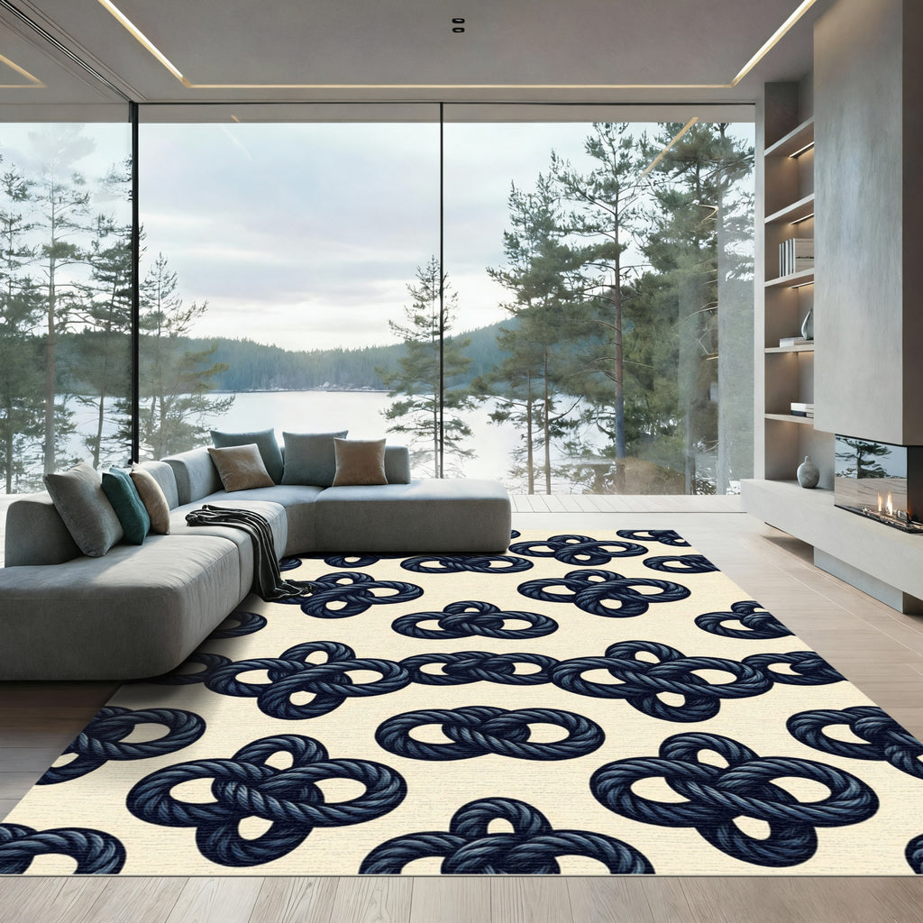 Navy Rope Nautical Knot Pattern Rug