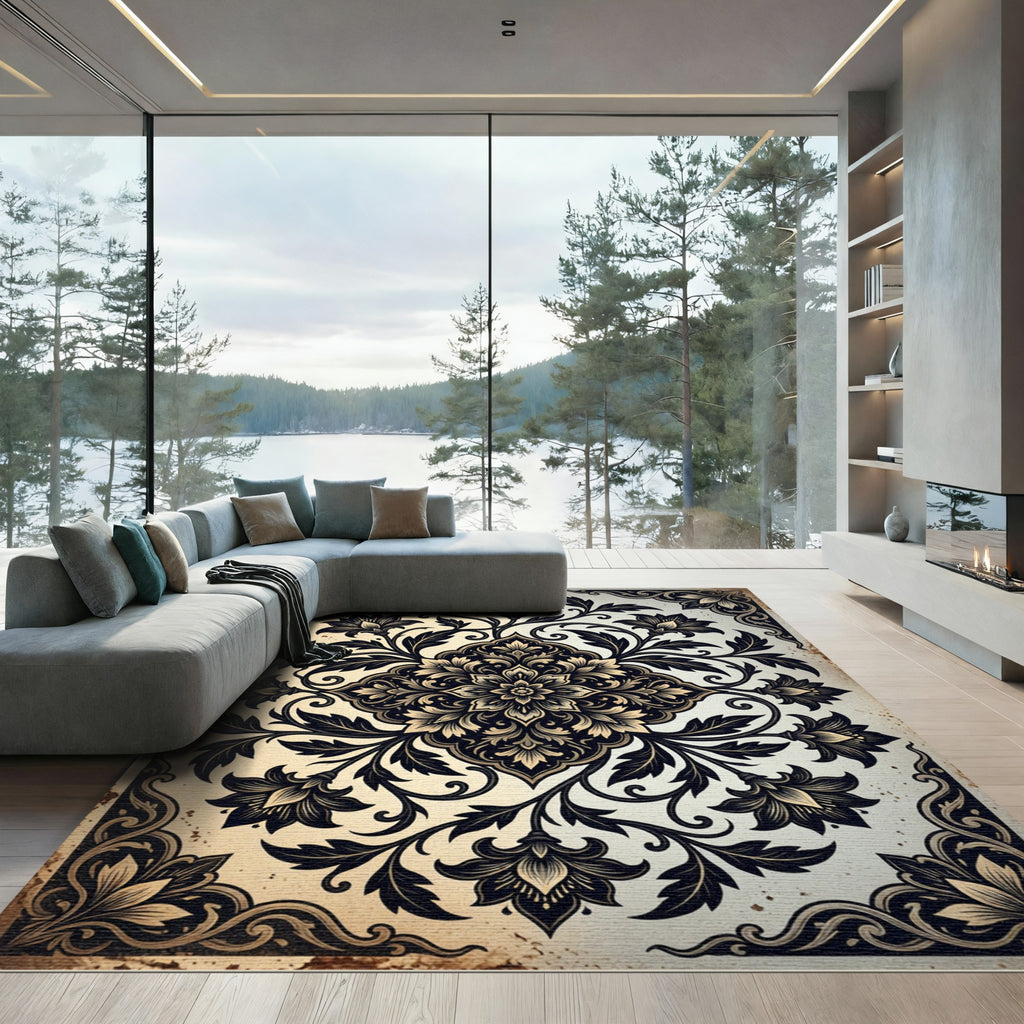 Ornate Ebony Beige Floral Crest Rug