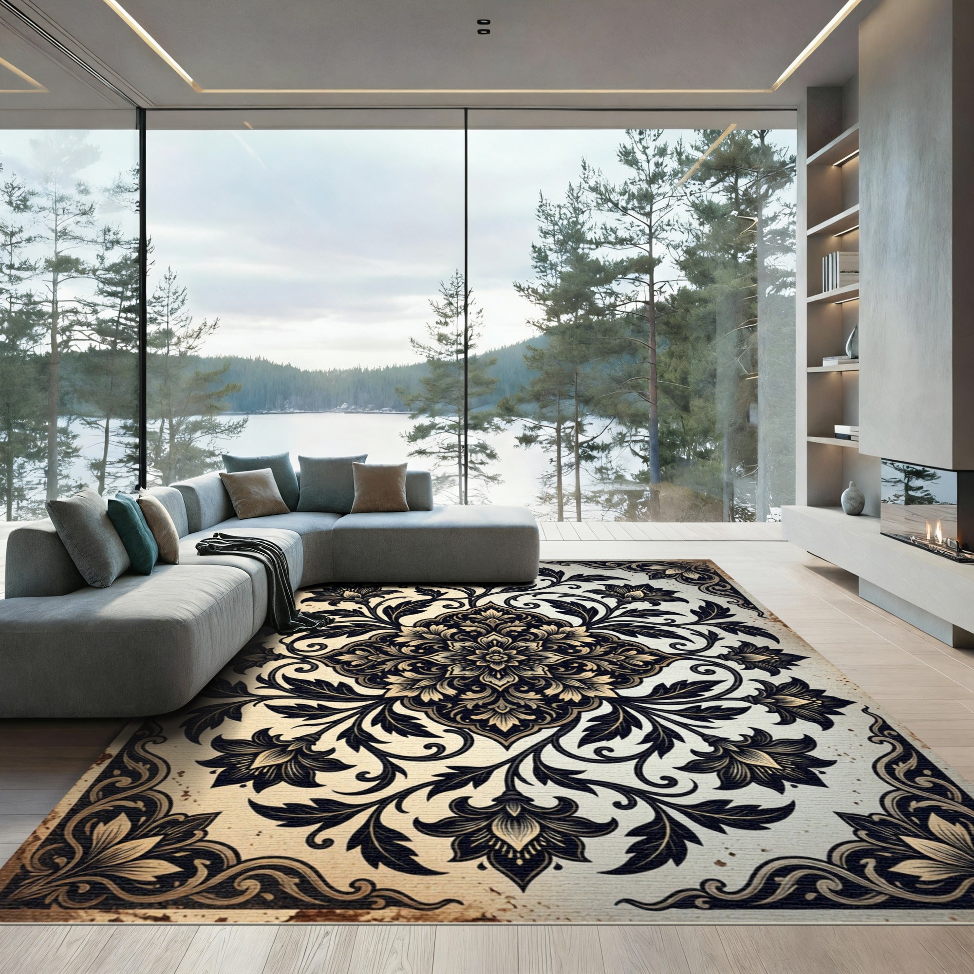 Ornate Ebony Beige Floral Crest Rug