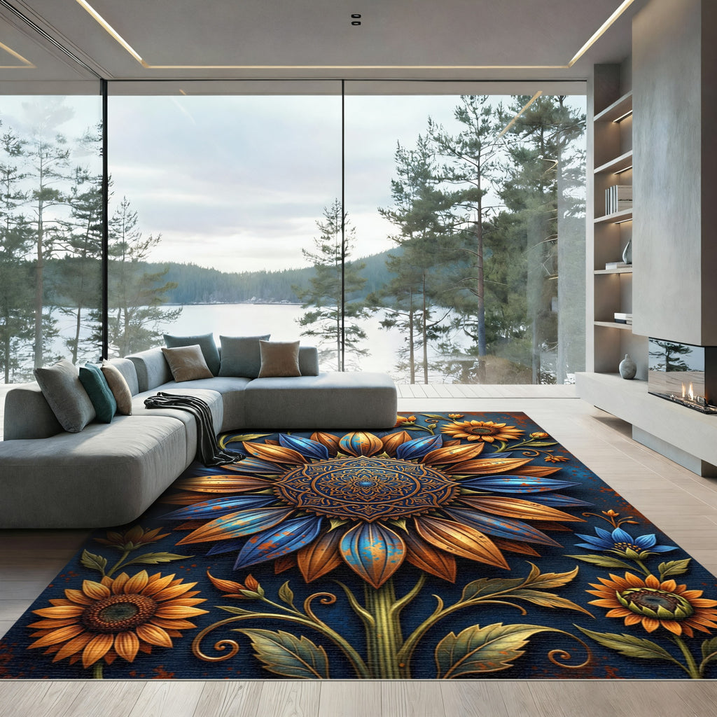 Golden Blue Floral Mandala Sun Flower Rug