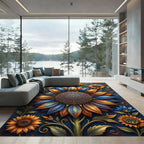 Golden Blue Floral Mandala Sun Flower Rug