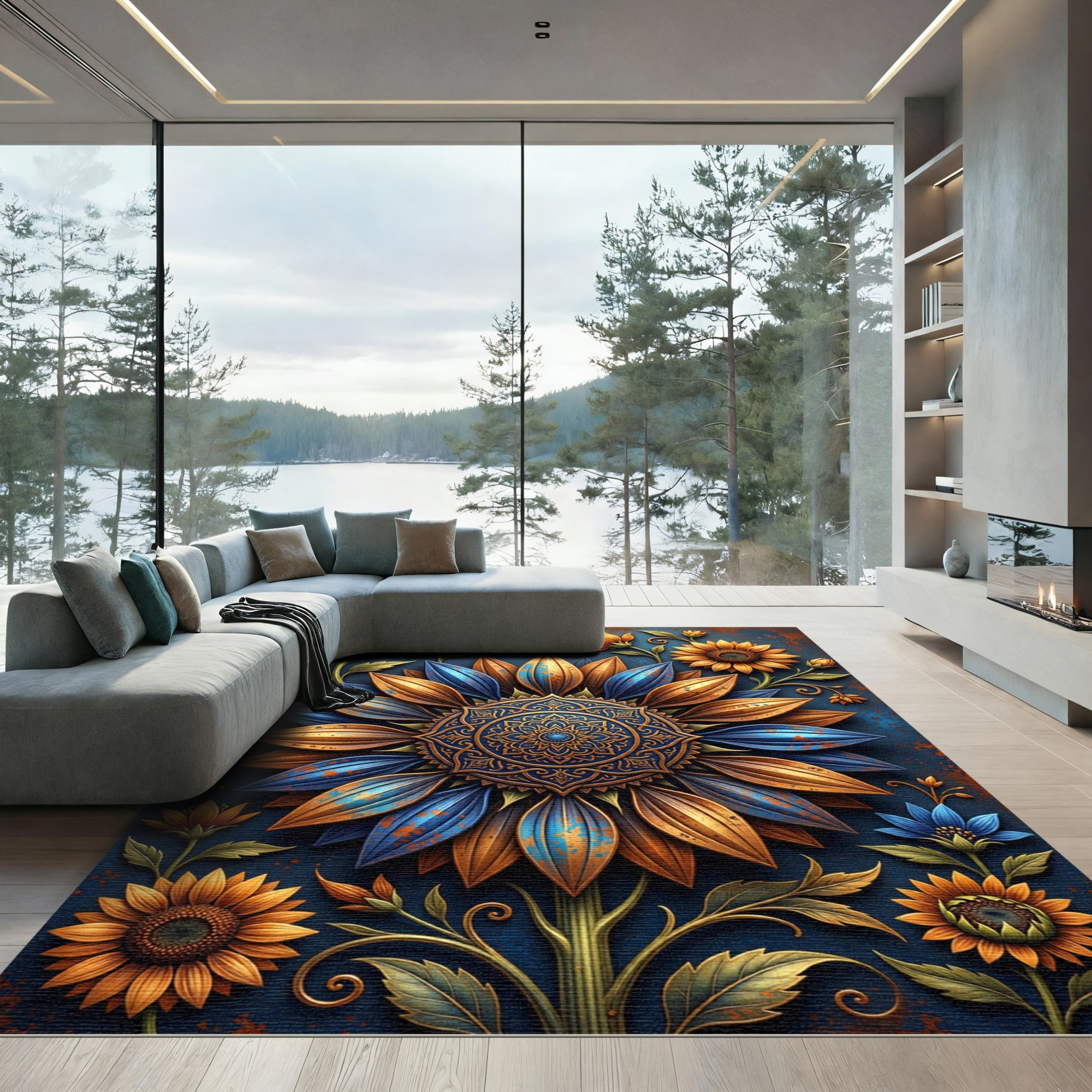 Golden Blue Floral Mandala Sun Flower Rug