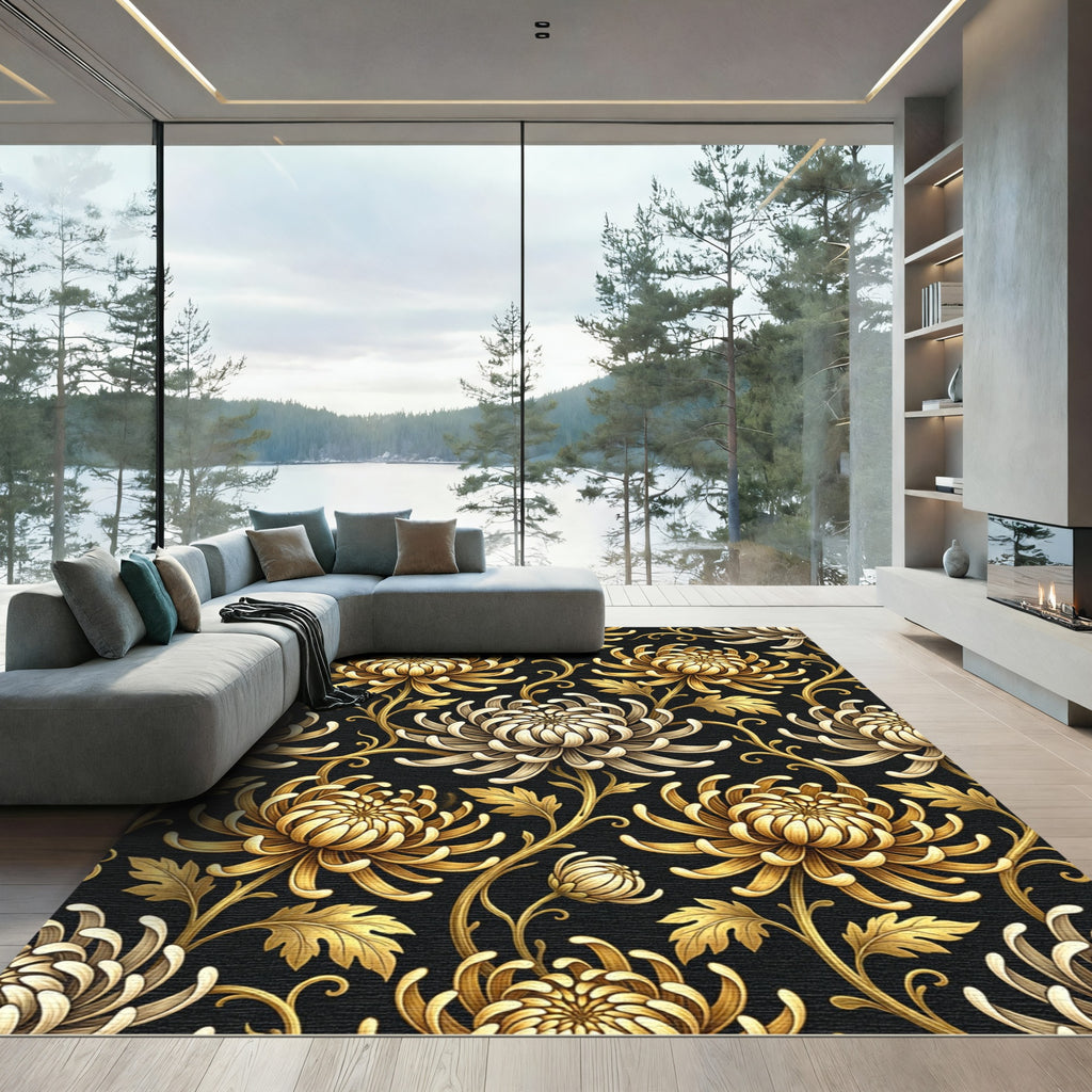 Elegant Gold Chrysanthemum Floral Black Rug