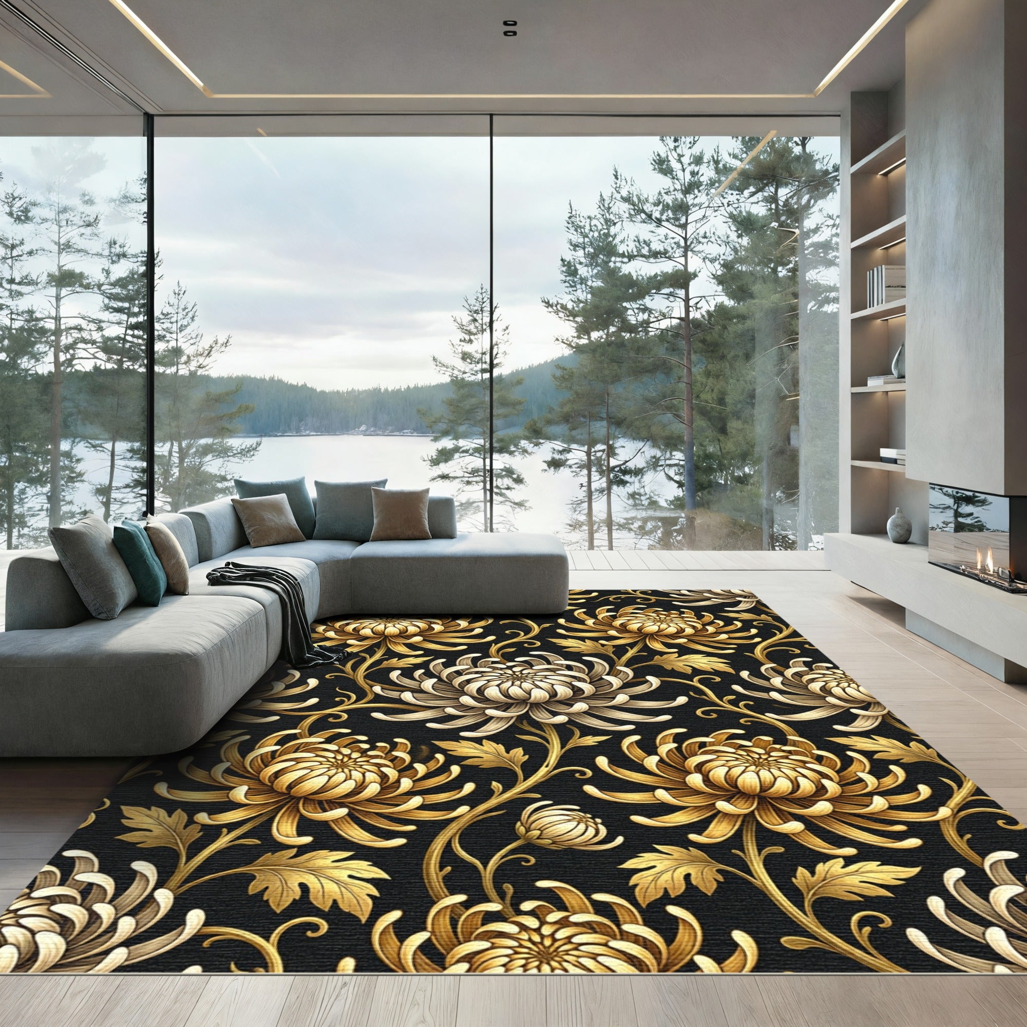 Elegant Gold Chrysanthemum Floral Black Rug