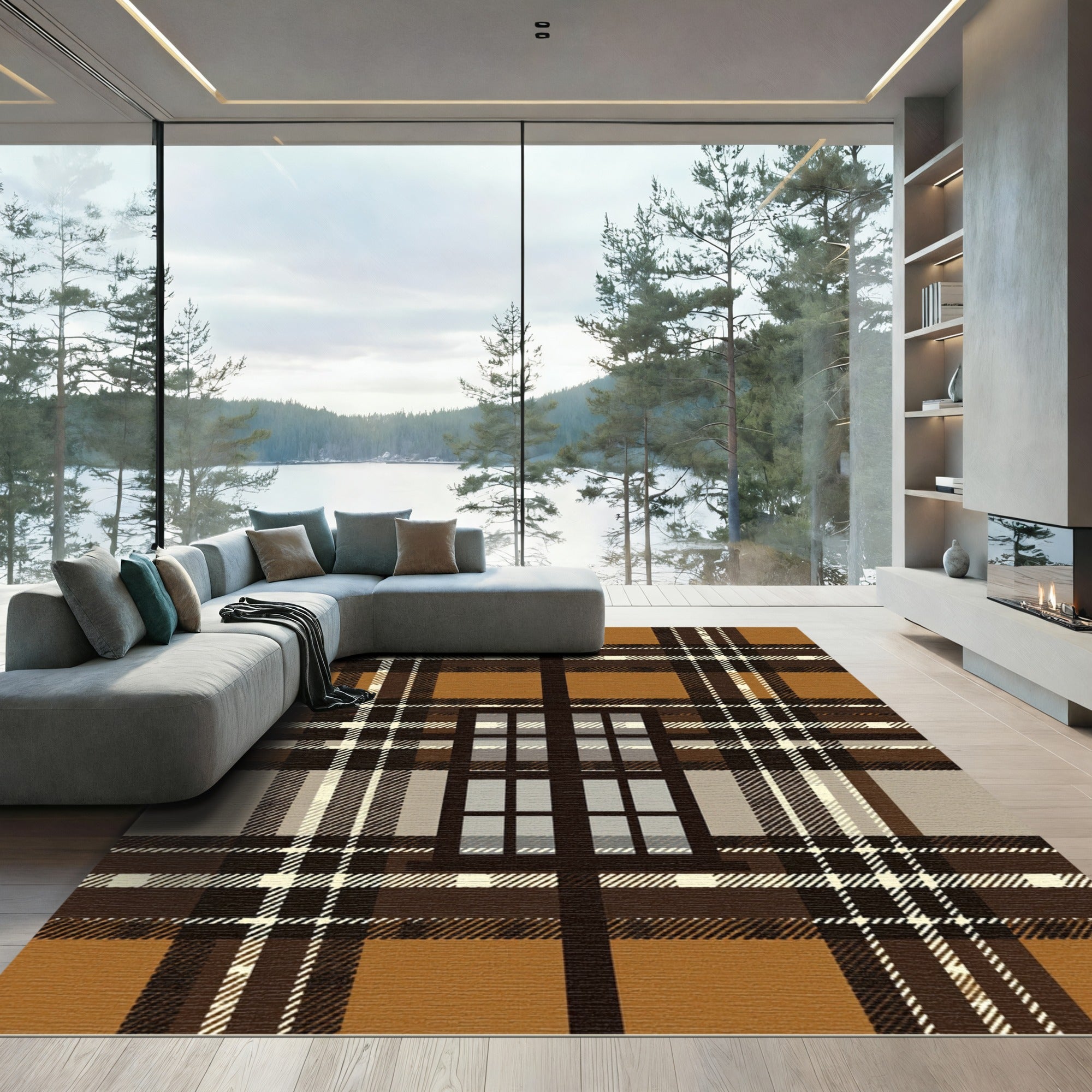 Warm Brown Plaid Window Pane Rug
