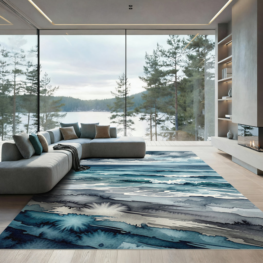 Stormy Blue Watercolor Ocean Wave Rug