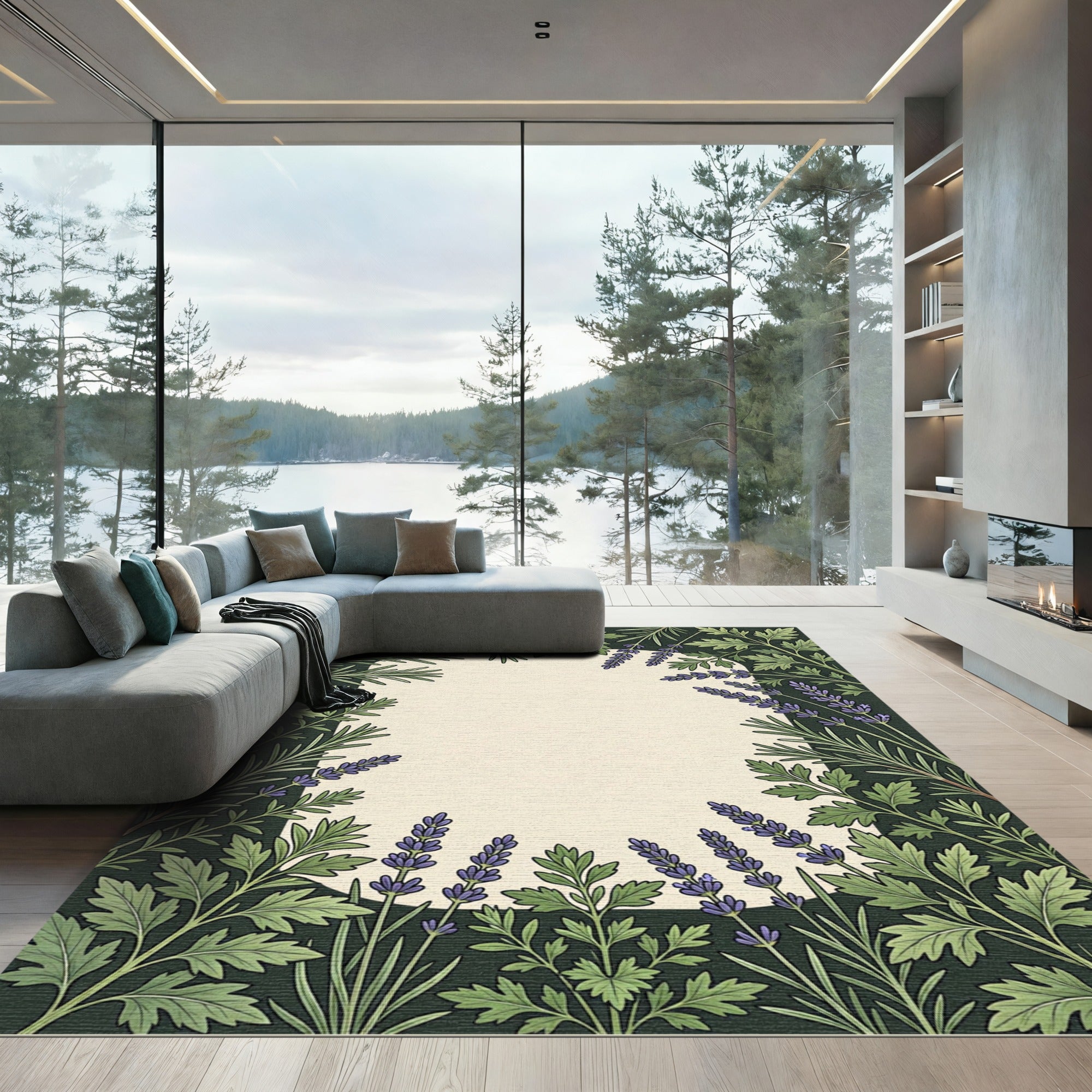 Green Lavender Botanical Meadow Rug