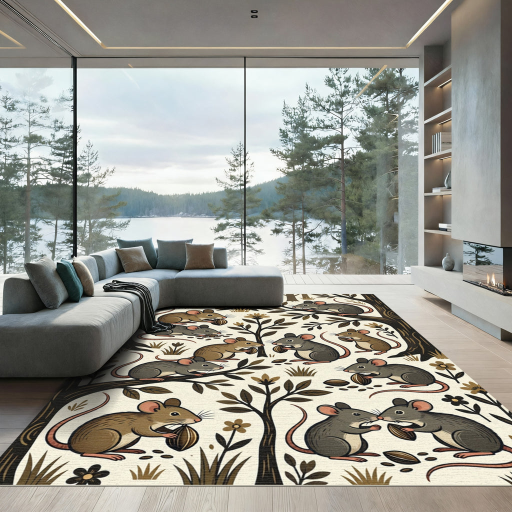 Whimsical Woodland Mice Sepia Forest Rug
