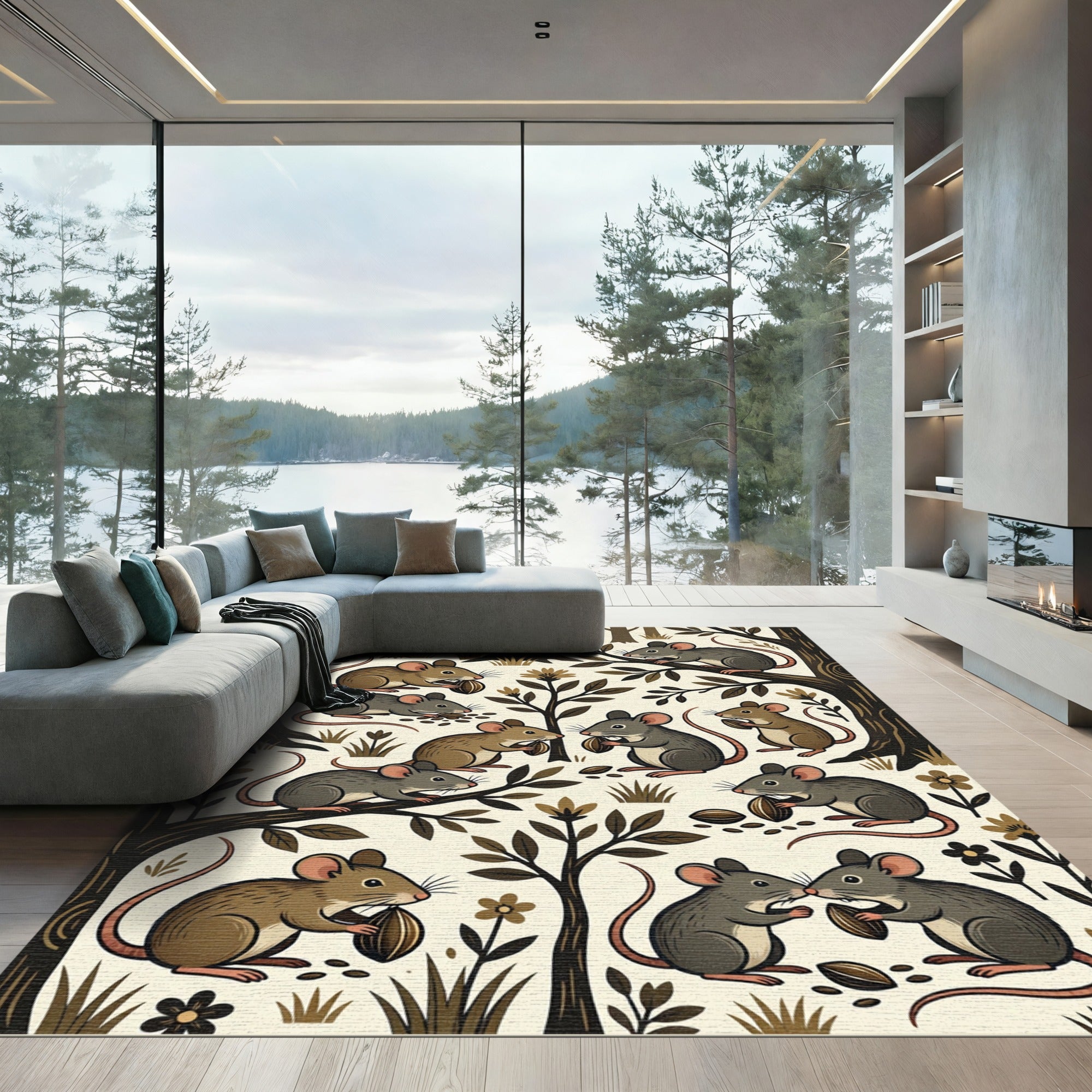 Whimsical Woodland Mice Sepia Forest Rug