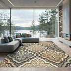 Elegant Cream and Teal Ornate Scrollwork Rug
