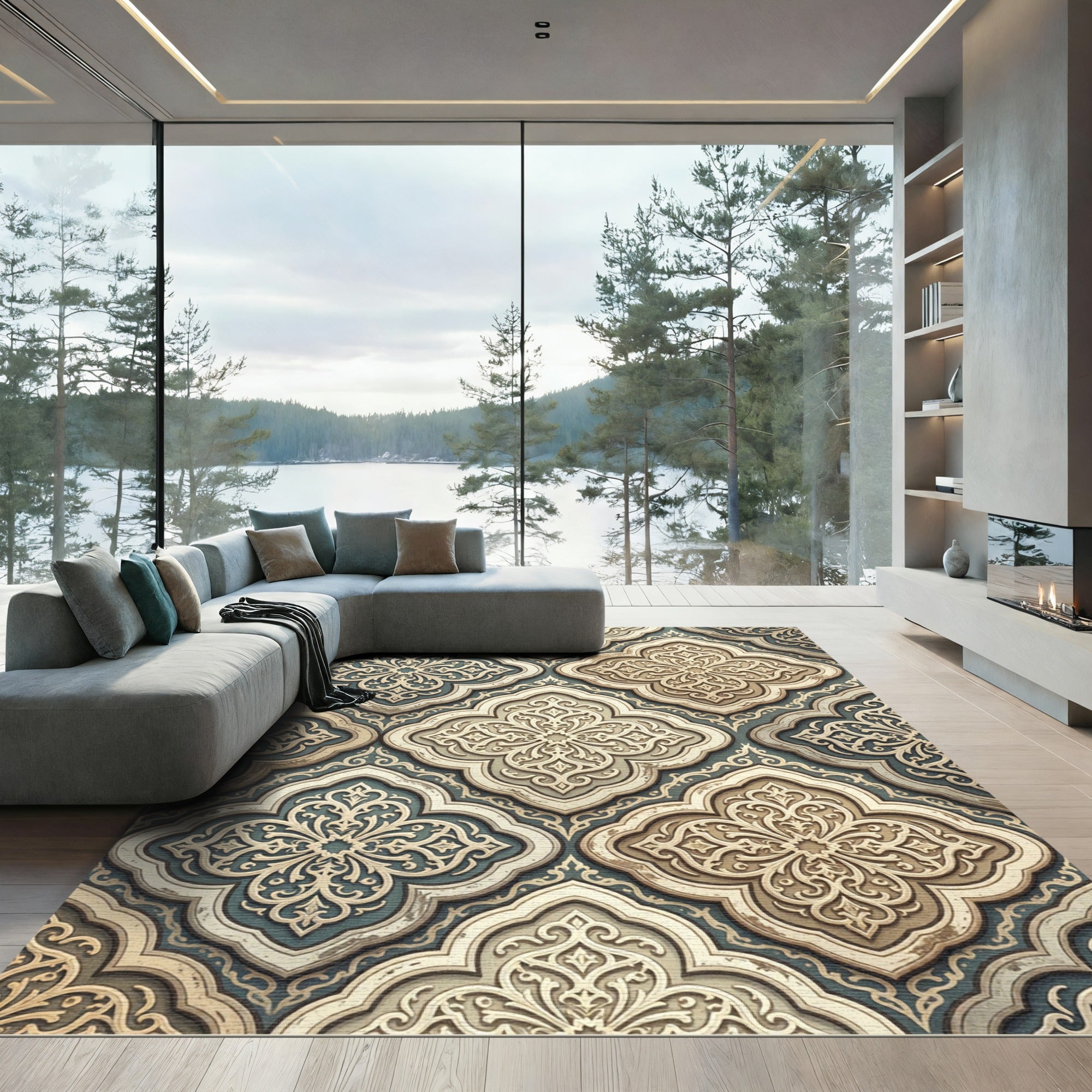 Elegant Cream and Teal Ornate Scrollwork Rug
