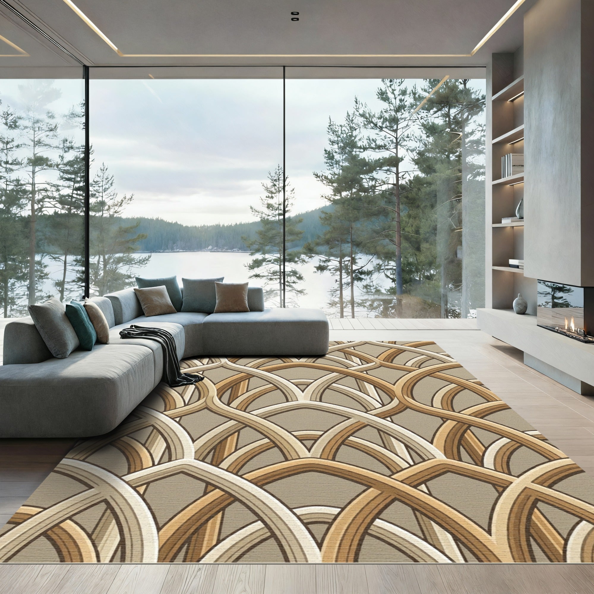 Elegant Arching Gold Geometric Deco Rug
