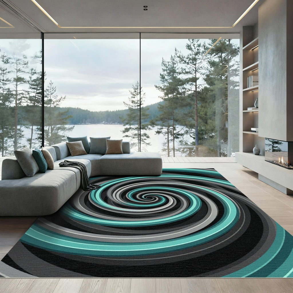 Modern Teal and Gray Hypnotic Swirl Rug