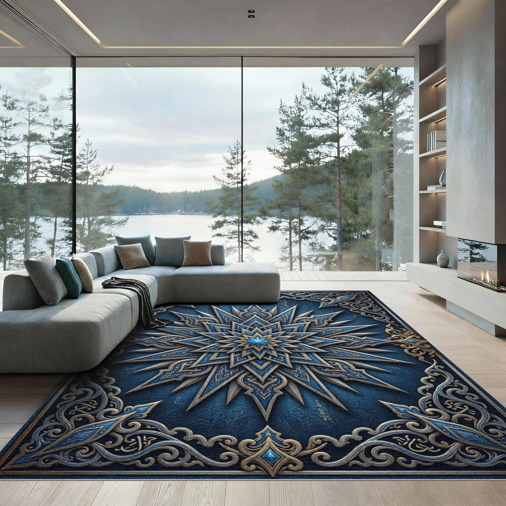 Intricate Midnight Navy Celestial Star Medallion Rug