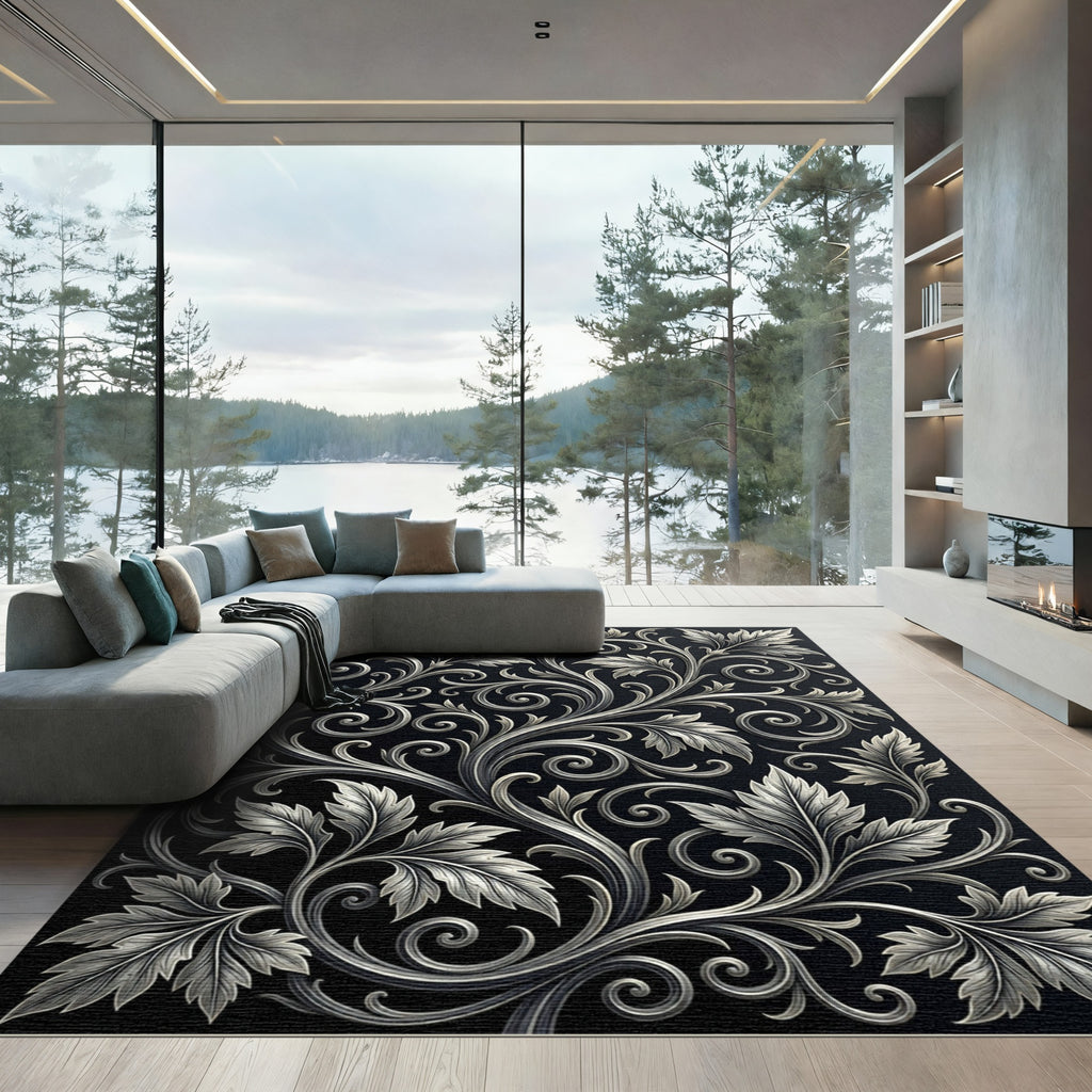 Ornate Silver Leaf Vine Scroll Rug