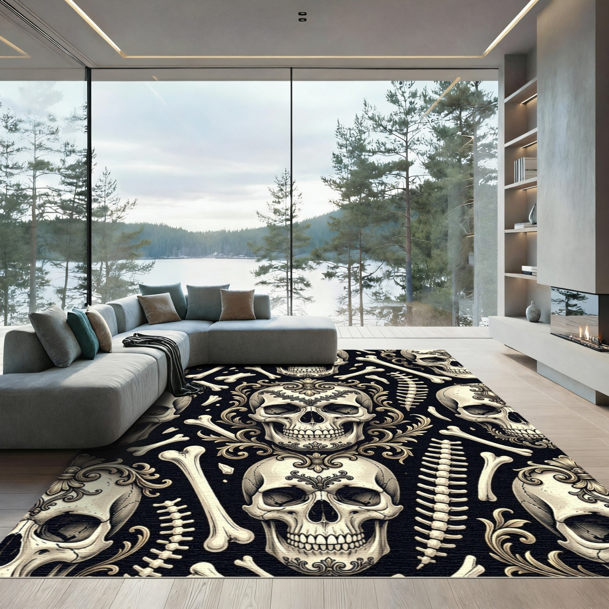 Gothic Ornate Skull Bone Baroque Tapestry Rug