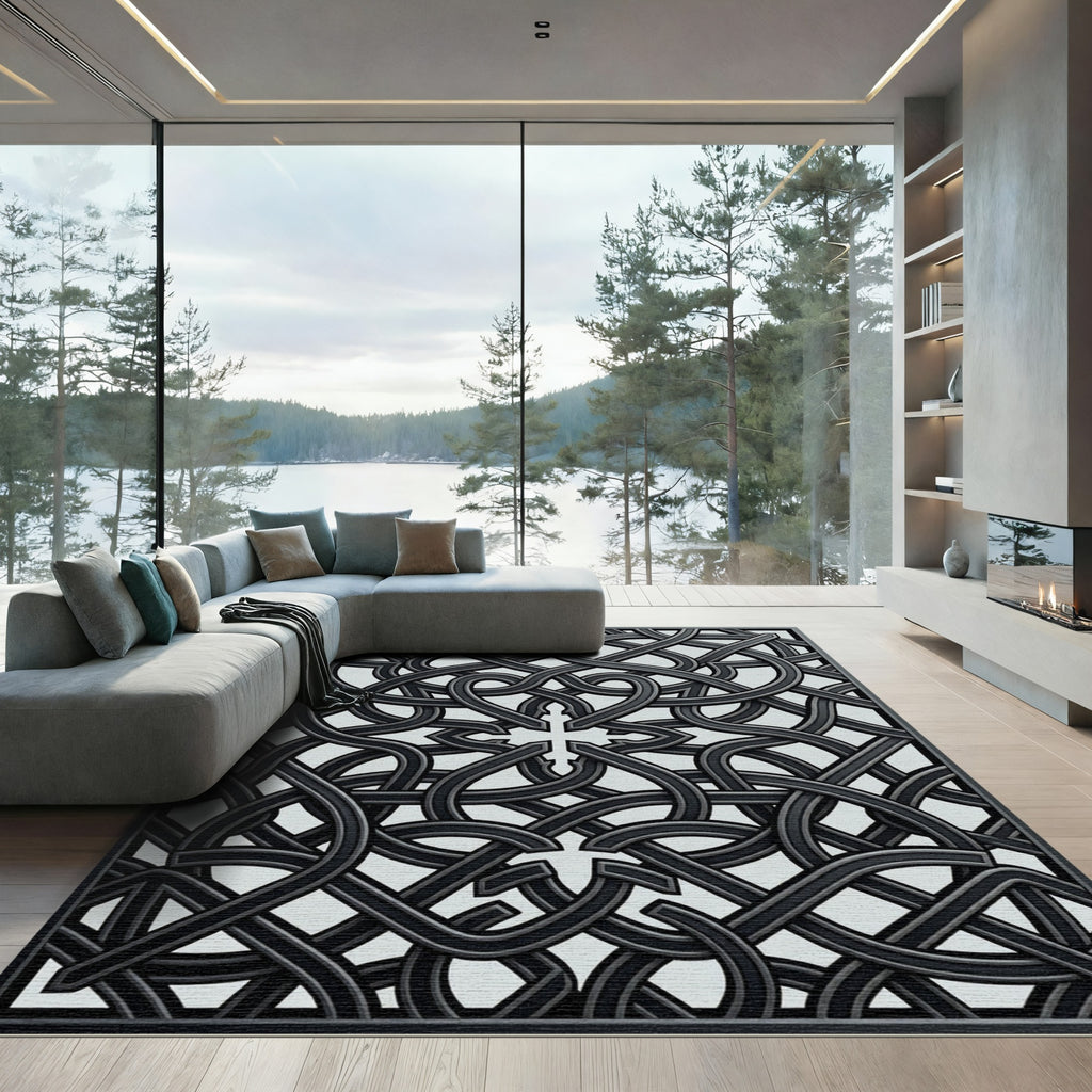 Intricate Black Interlocking Knot Rug