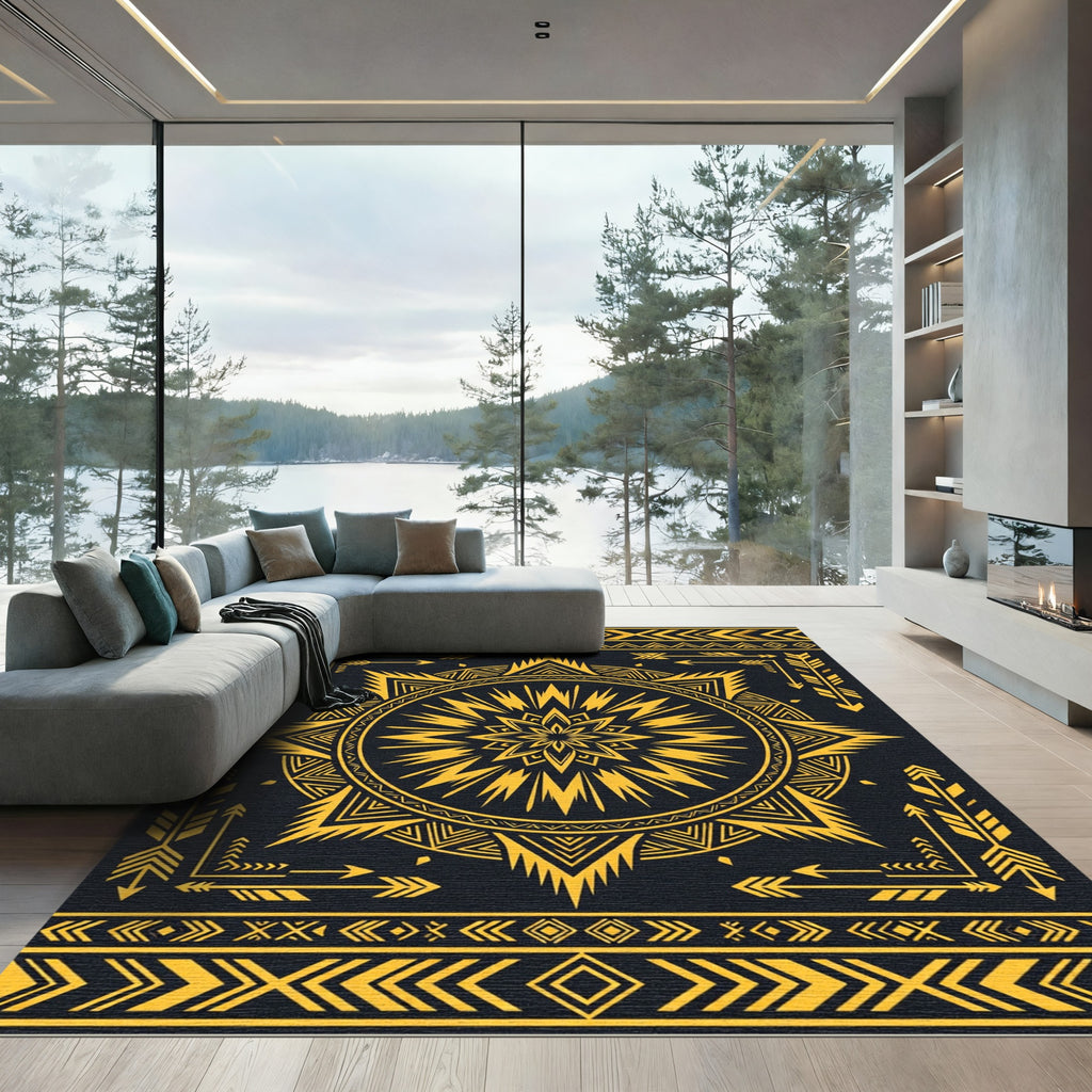 Gold Geometric Sunburst Arrow Tapestry Rug