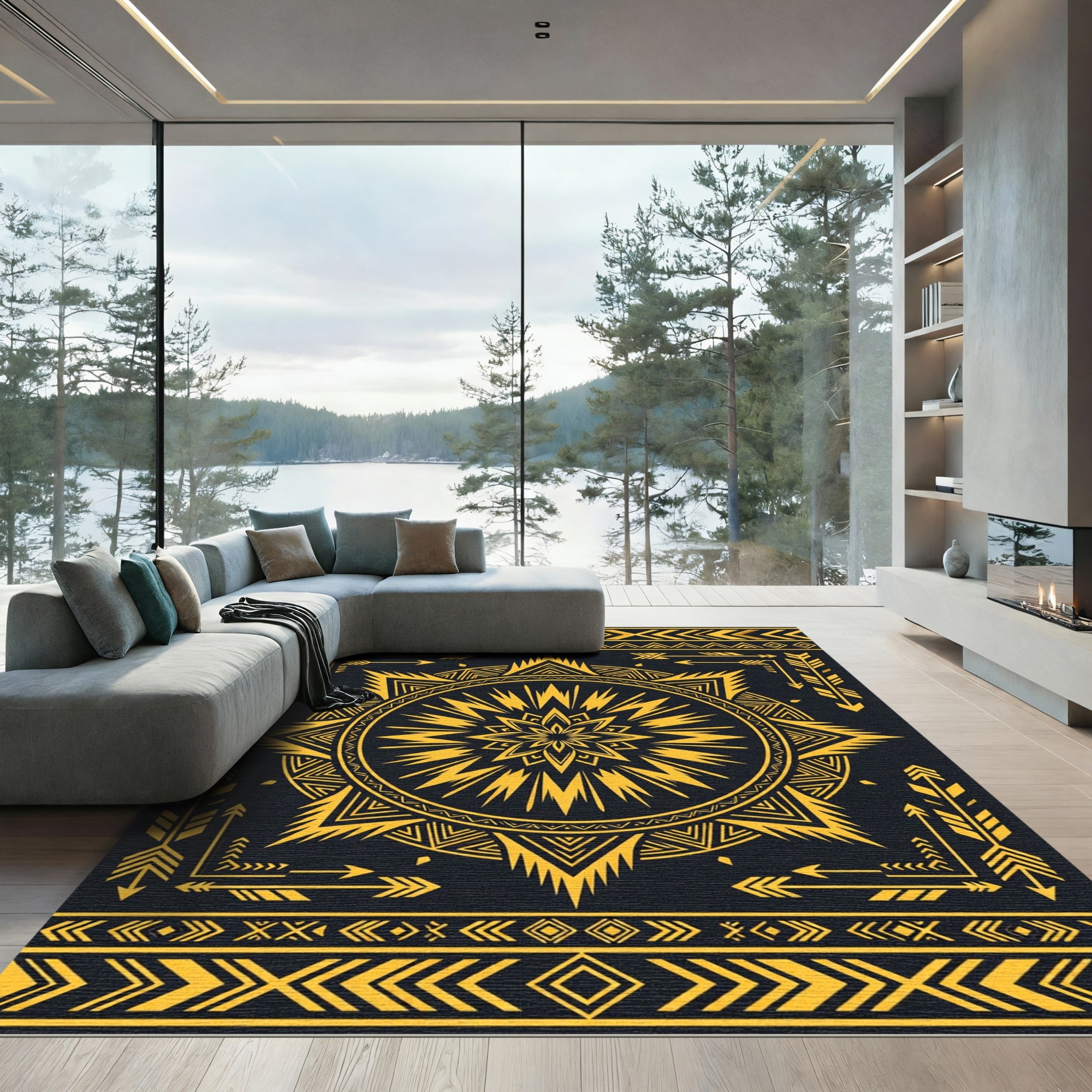 Gold Geometric Sunburst Arrow Tapestry Rug