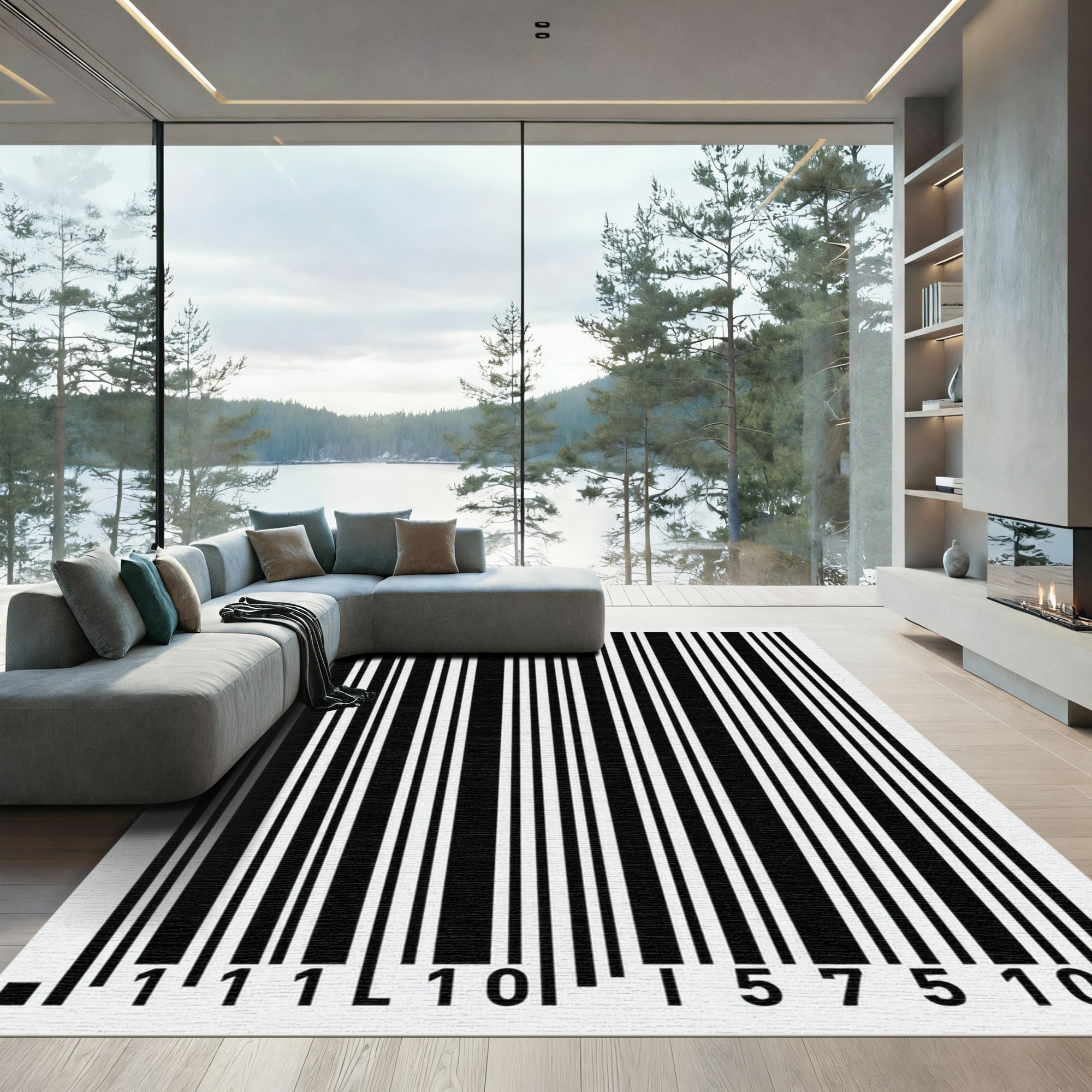 Minimalist Vertical Black White Abstract Stripe Rug