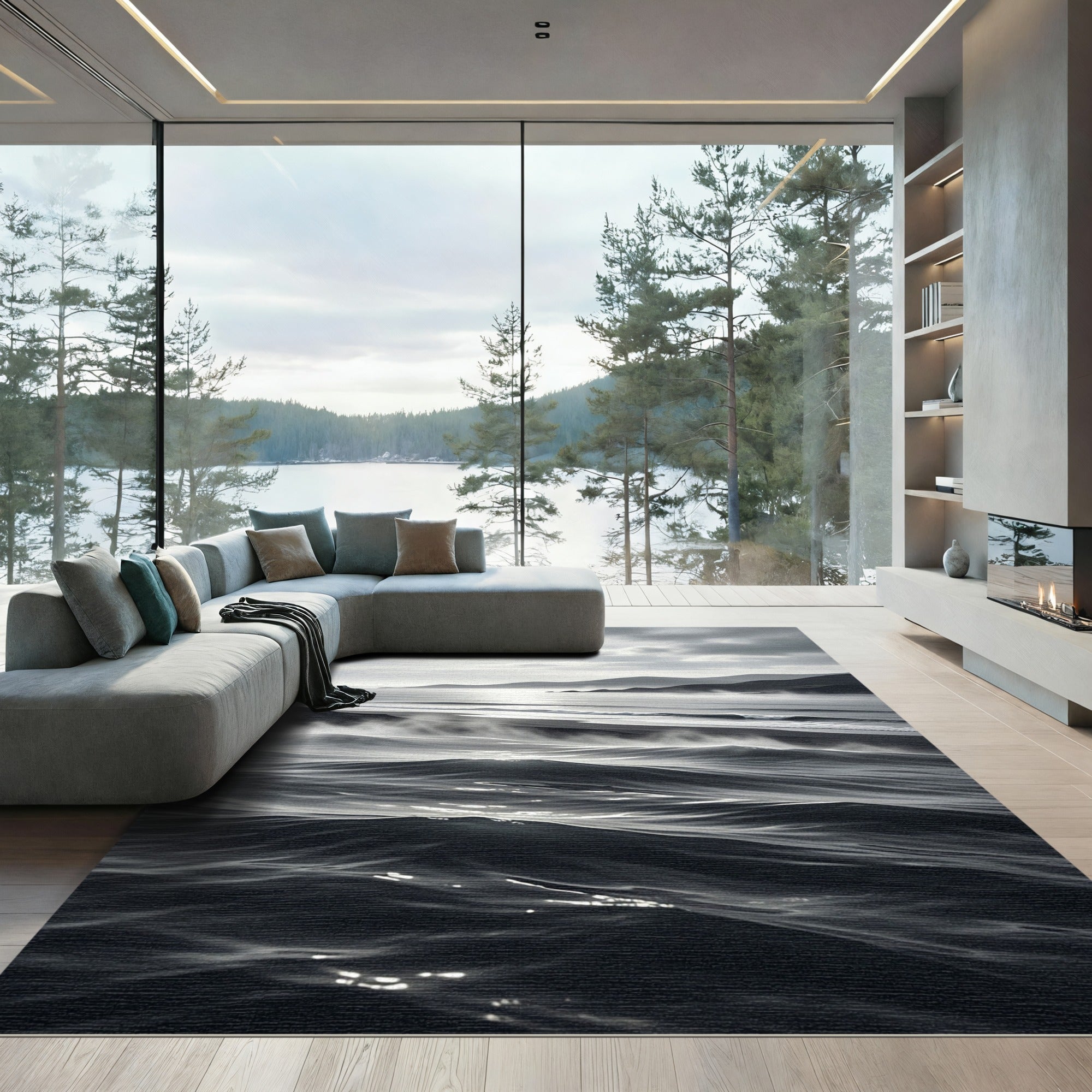 Monochrome Ethereal Coastal Ocean Wave Rug