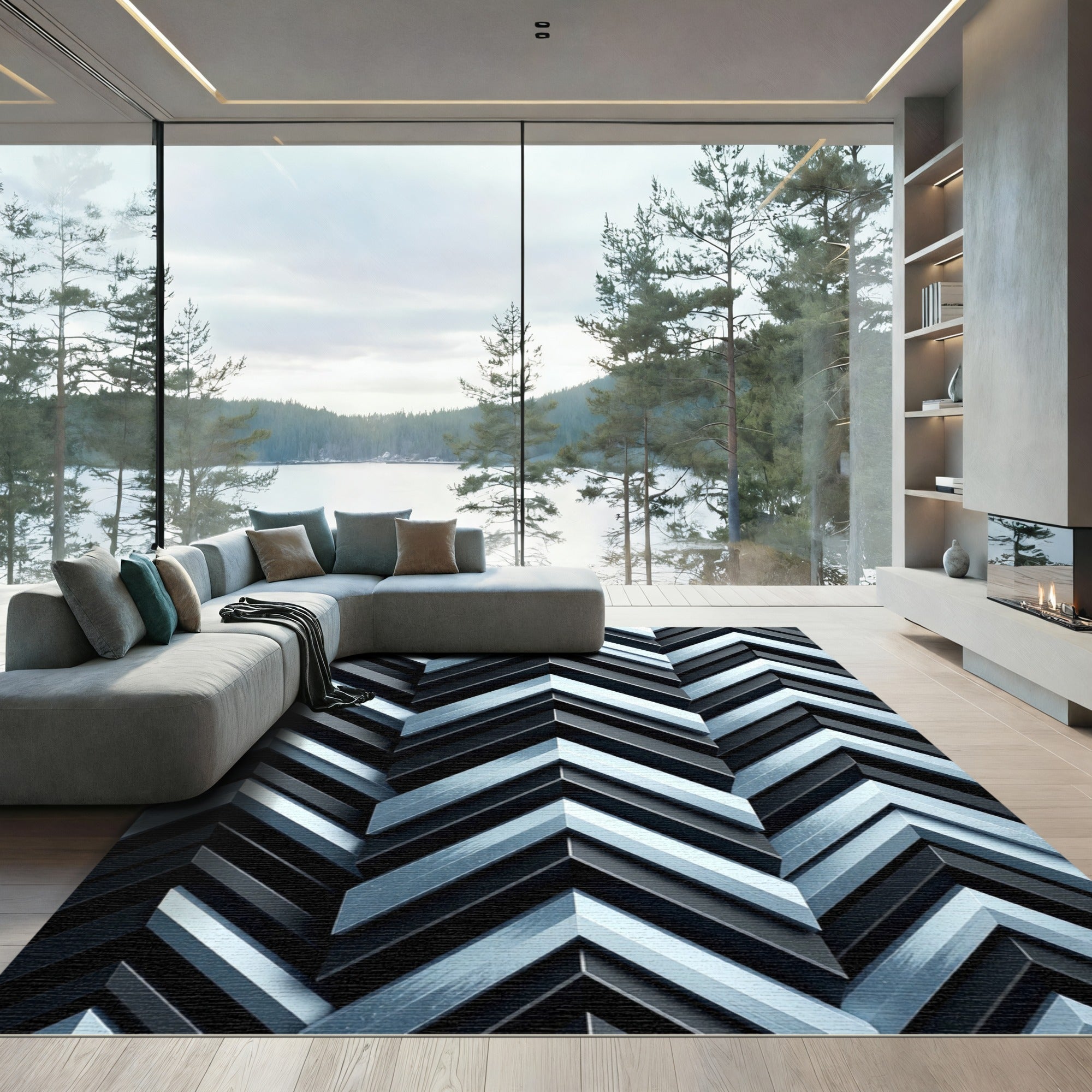 Monochromatic Steel Geometric Chevron Rug