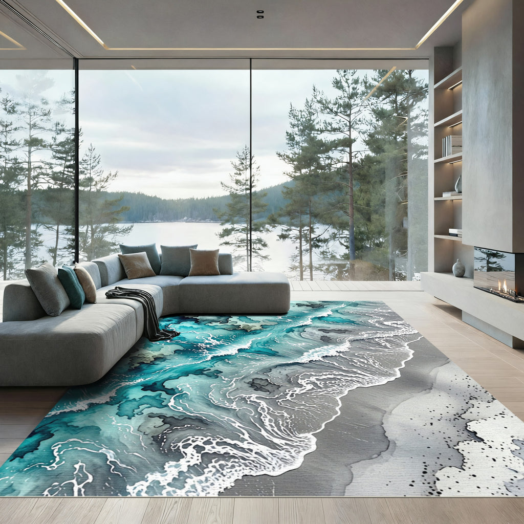 Coastal Teal Blue Abstract Ocean Wave Rug