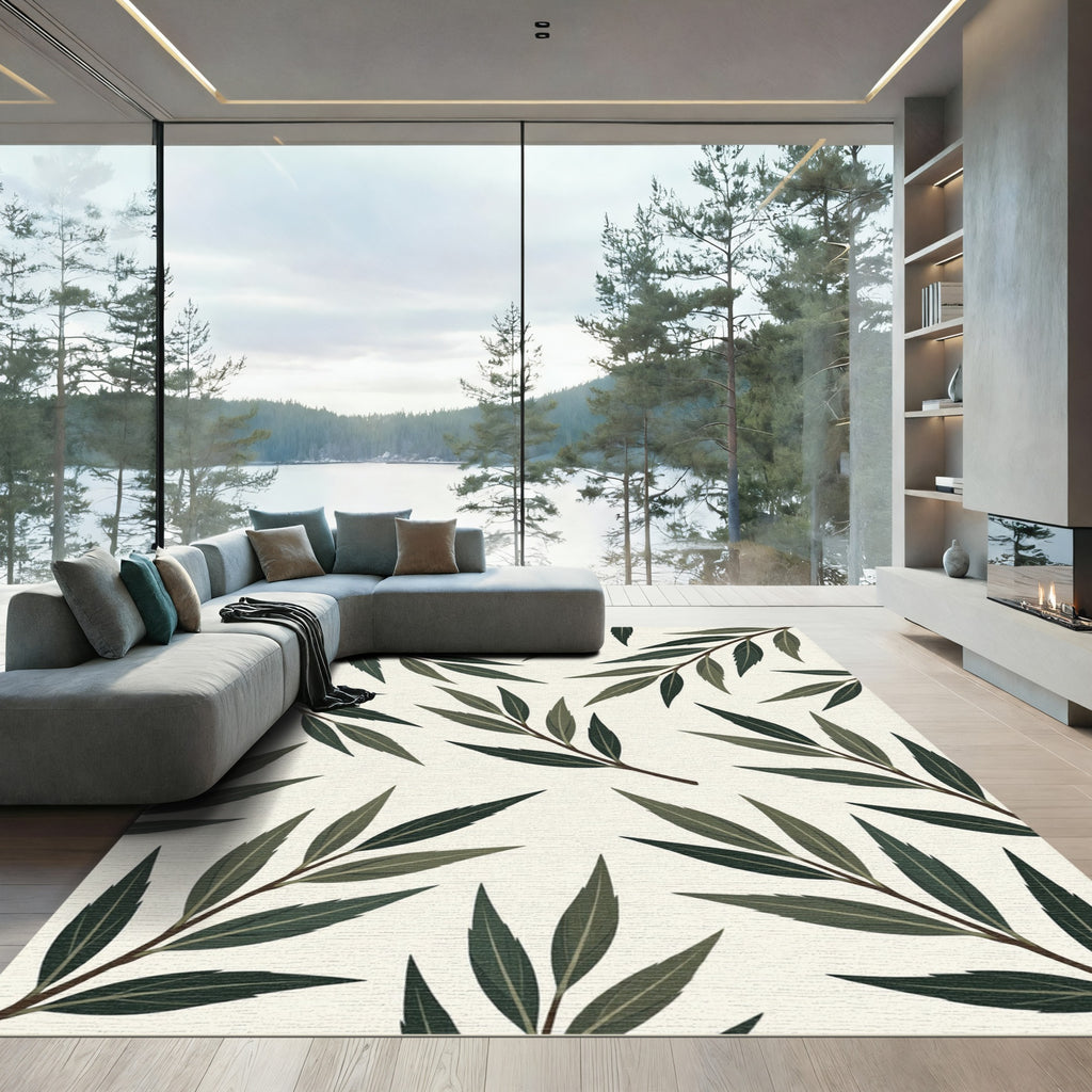 Minimalist Olive Green Botanical Leaf Rug