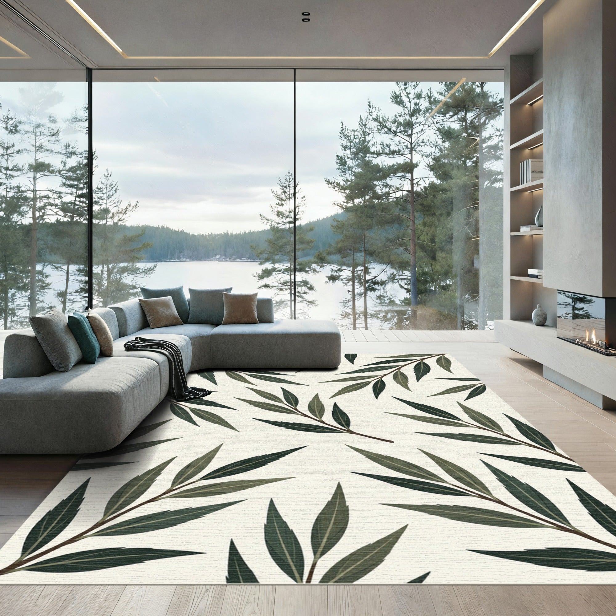 Minimalist Olive Green Botanical Leaf Rug