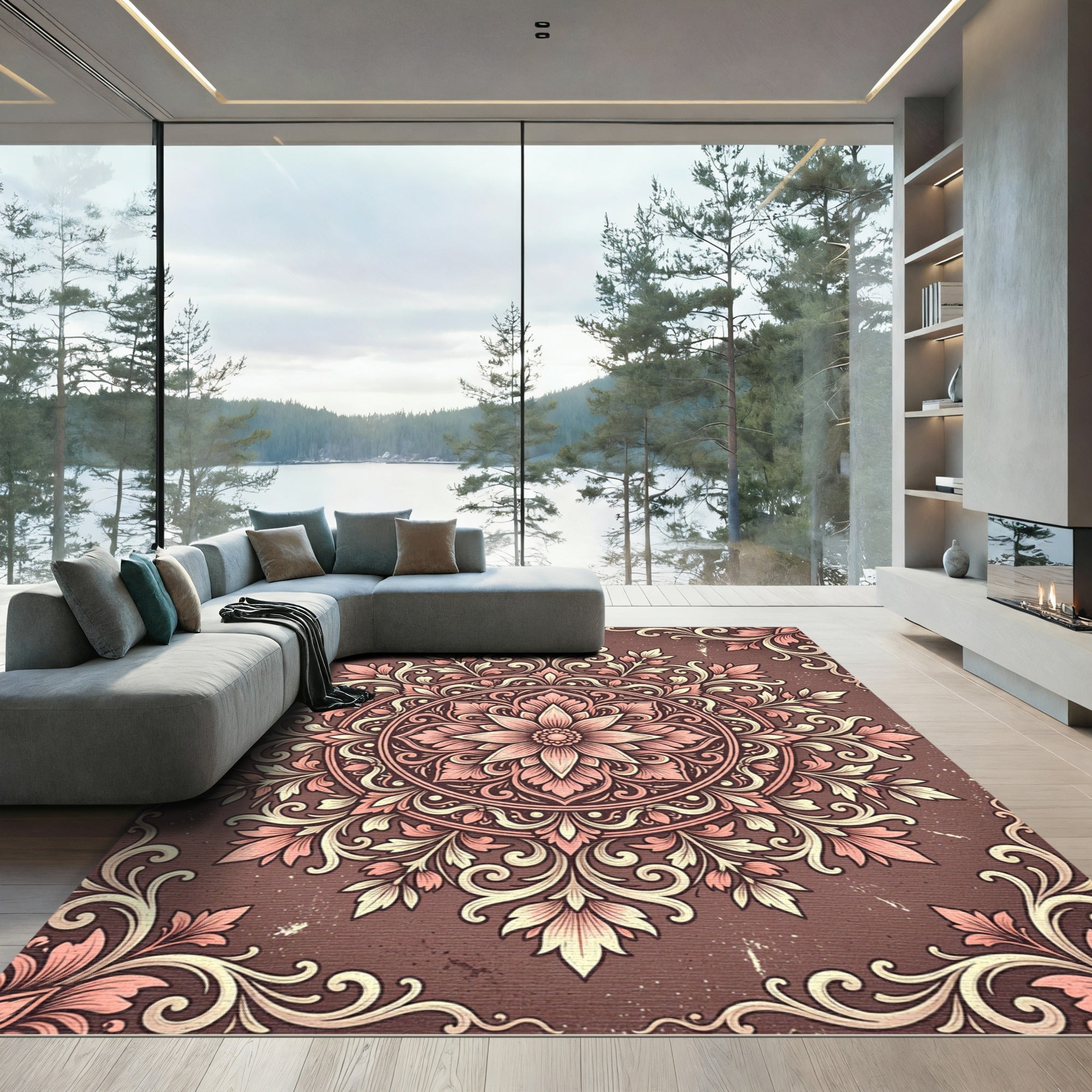Vintage Dusty Rose Floral Mandala Rug