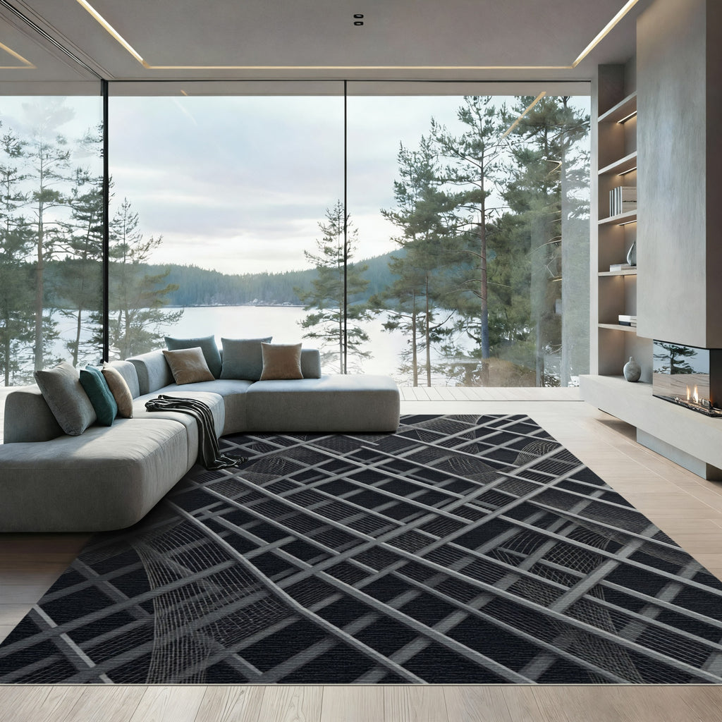 Geometric Charcoal Linear Grid Artwork Rug