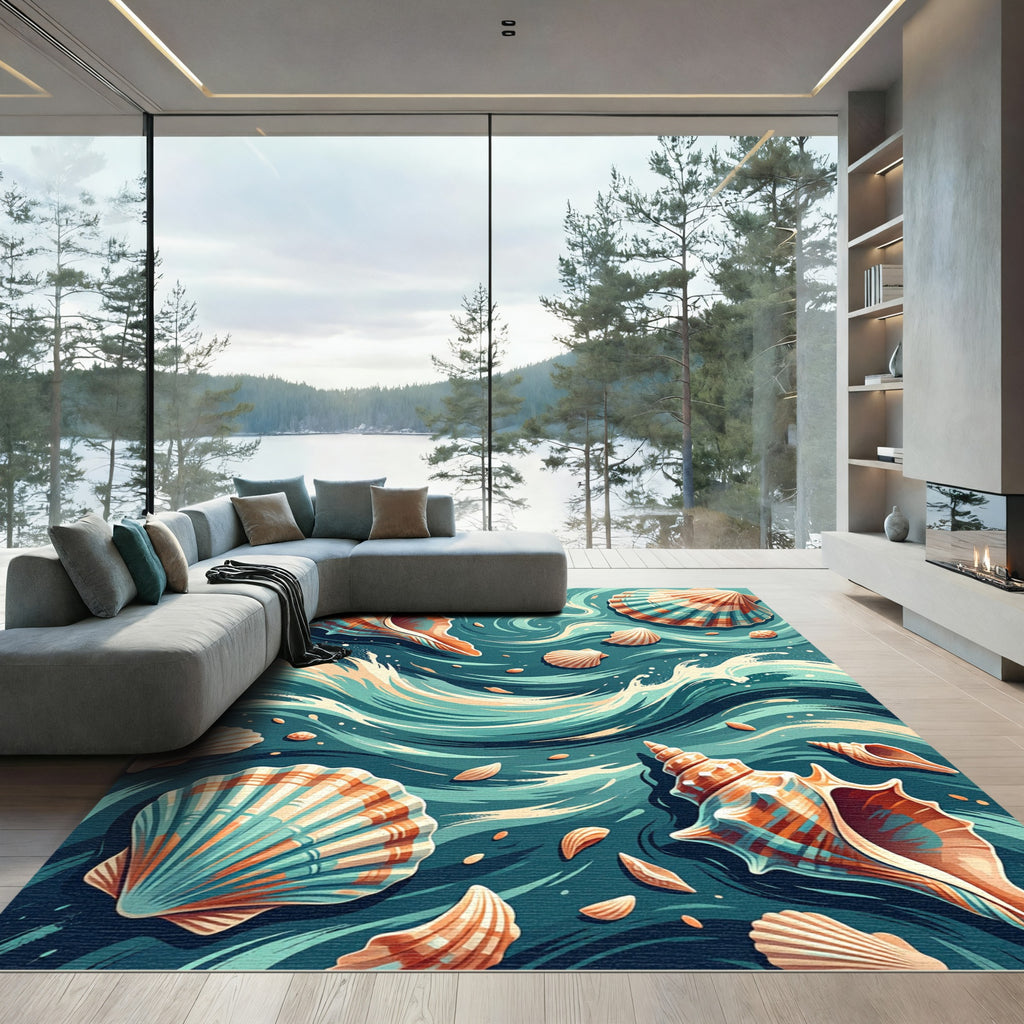 Coastal Seashell Swirl Teal Ocean Rug