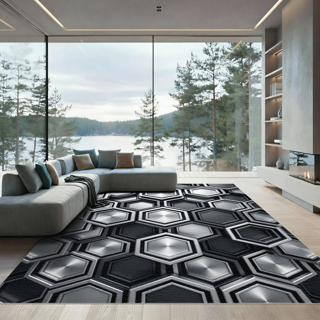 Metallic Gray Geometric Hexagon Mosaic Rug