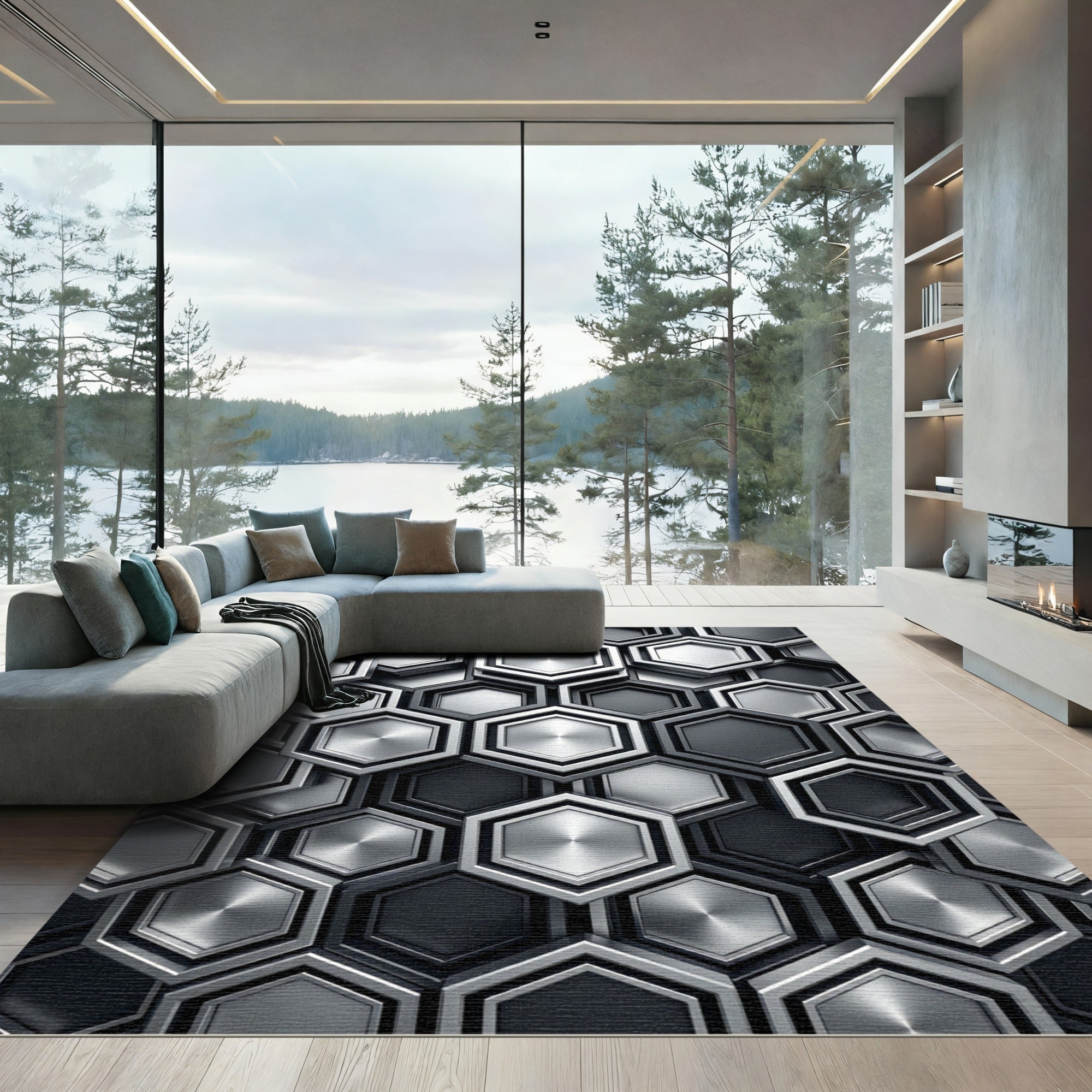 Metallic Gray Geometric Hexagon Mosaic Rug