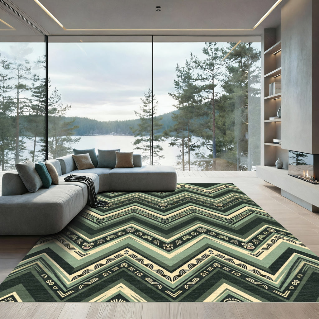 Sage Green Tribal Zigzag Mask Chevron Rug