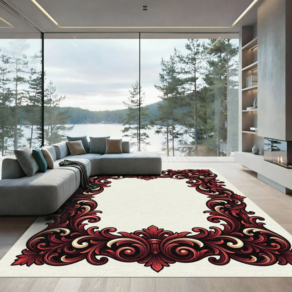 Ornate Crimson Baroque Scrollwork Border Rug