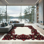 Ornate Crimson Baroque Scrollwork Border Rug