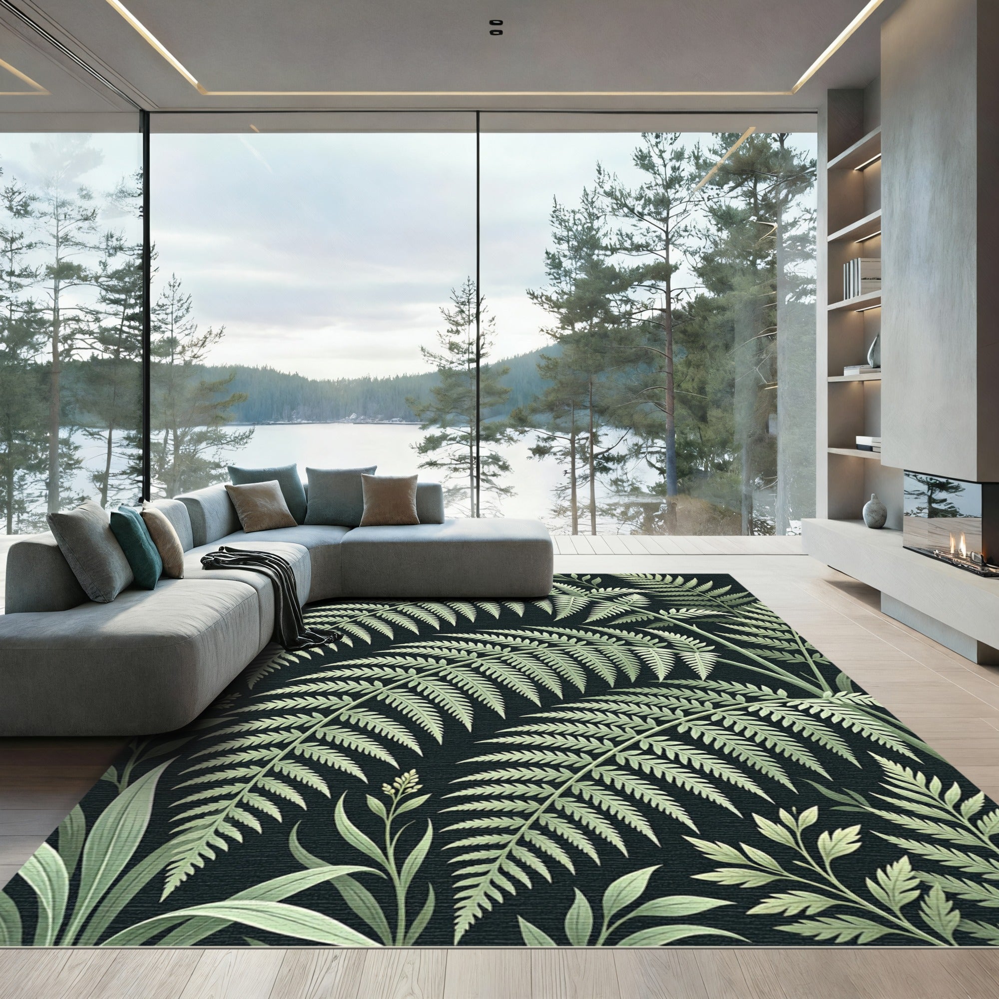 Lush Green Botanical Fern Canopy Rug
