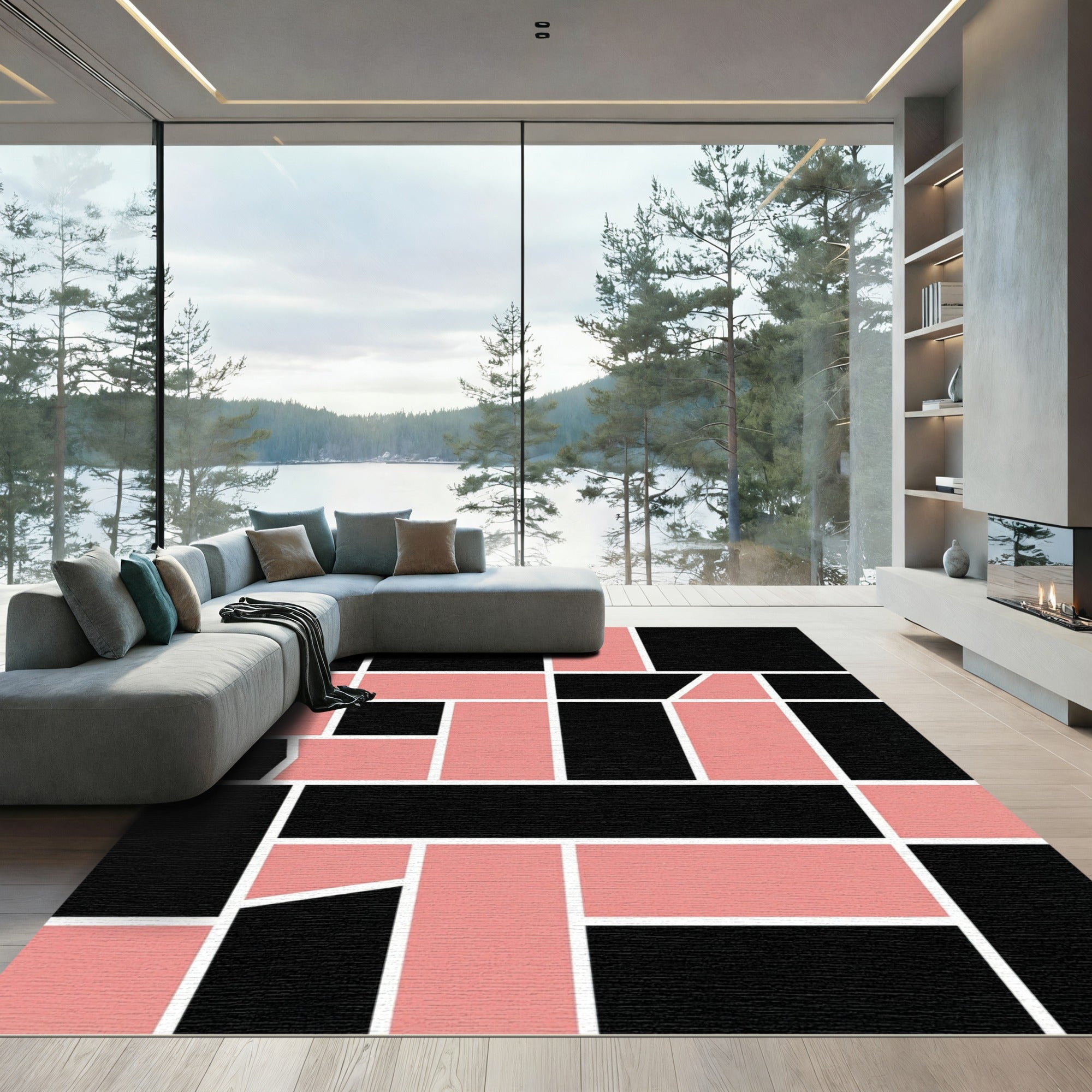 Modern Pink Black Geometric Block Rug
