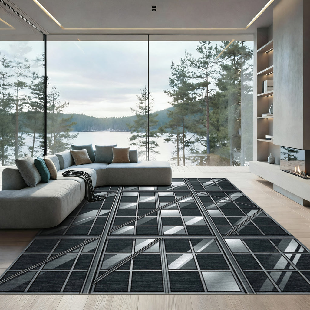 Monochromatic Grid Metal Window Reflection Rug